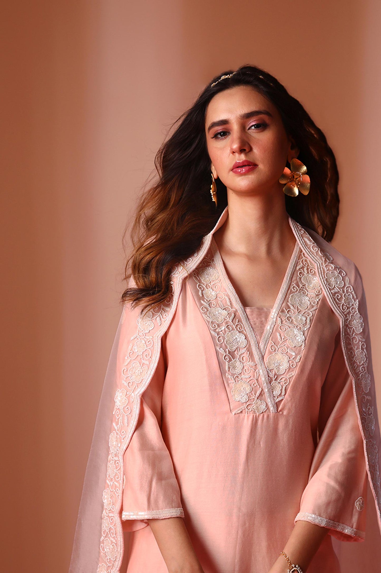 Anasa - Peach Pearl Work Kurta Set