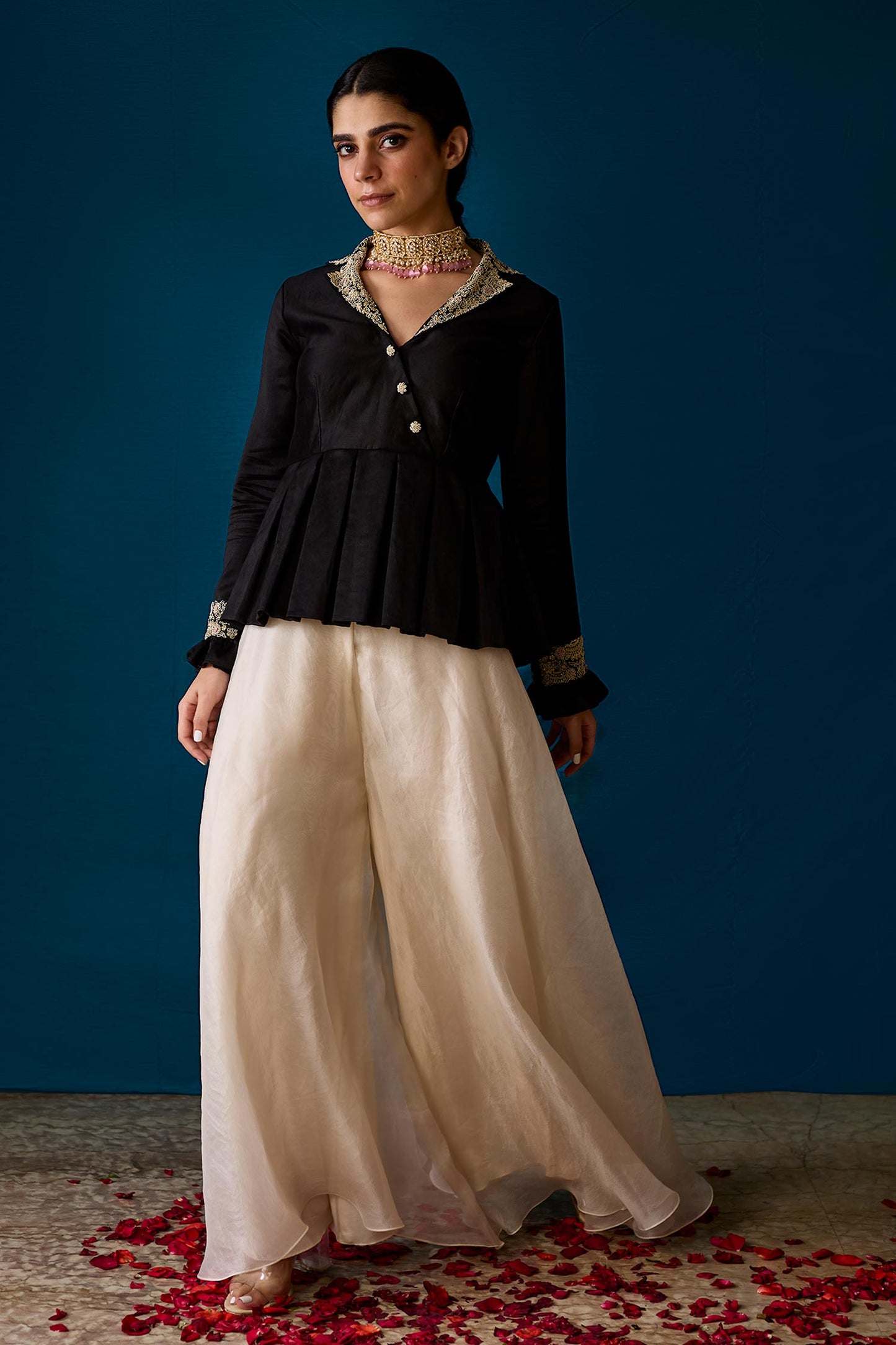 Zaria - Black Peplum Top & Organza Pants
