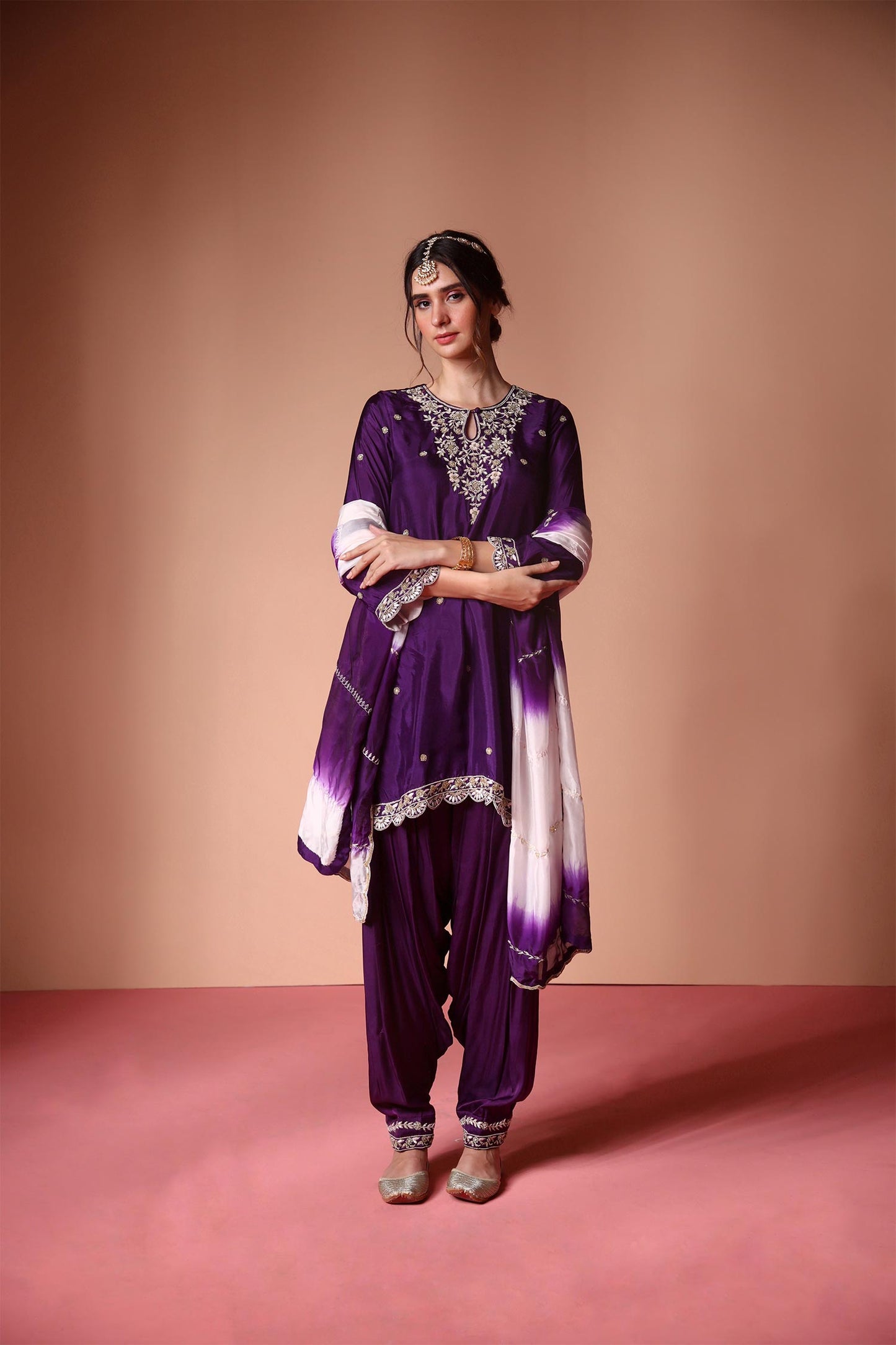 Itsya - Purple Kurta & Salwaar Set with Leheriya Dupatta