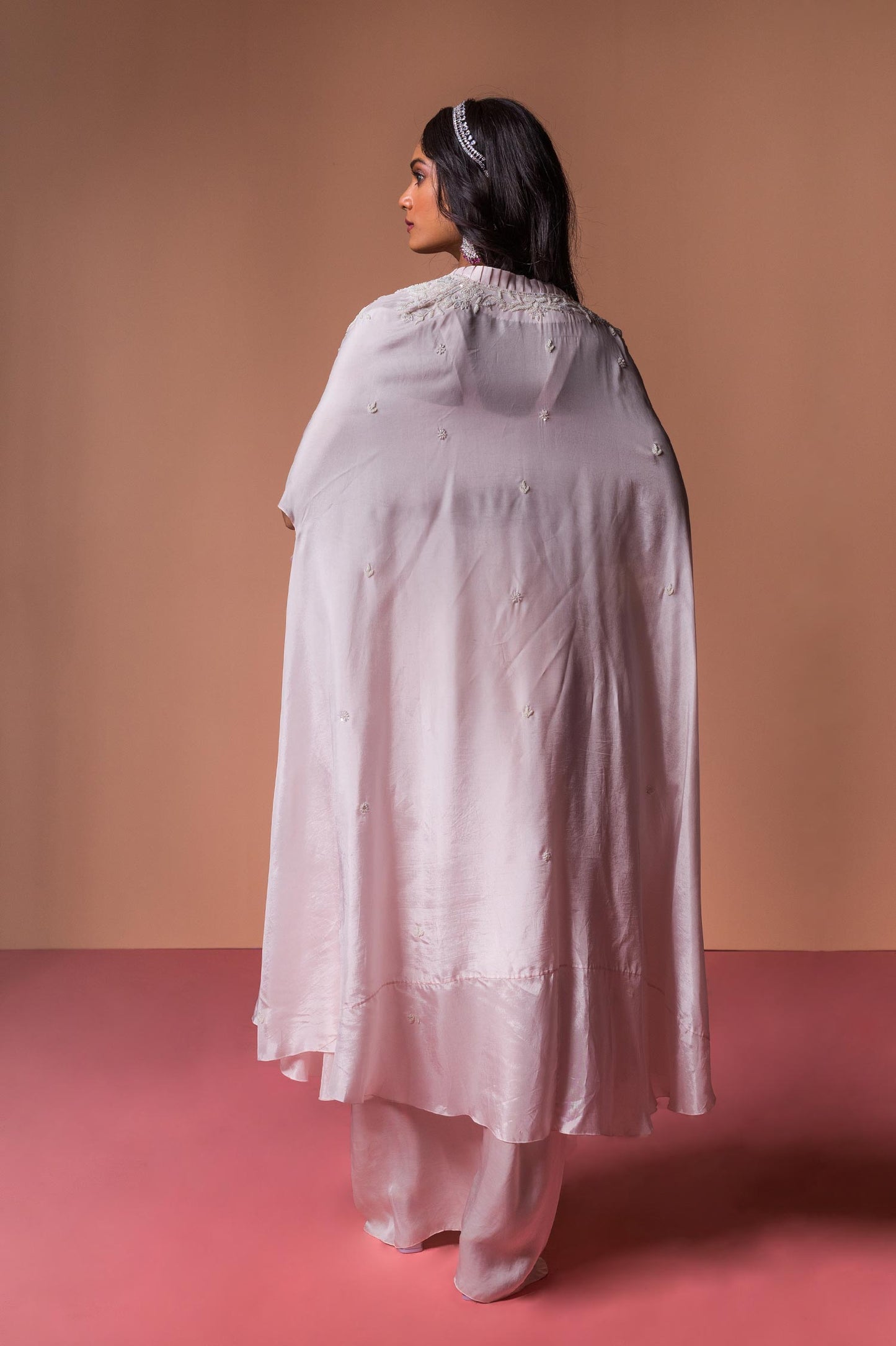 Thea - Blush Pink Floor Length Cape Blouse & Draped Skirt
