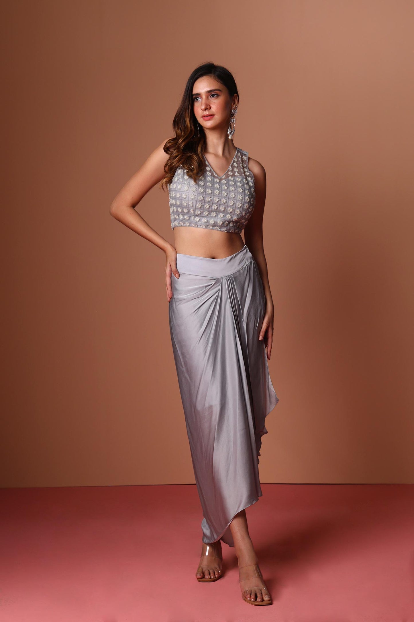 Eloise - Light Grey Cape Blouse & Draped Skirt