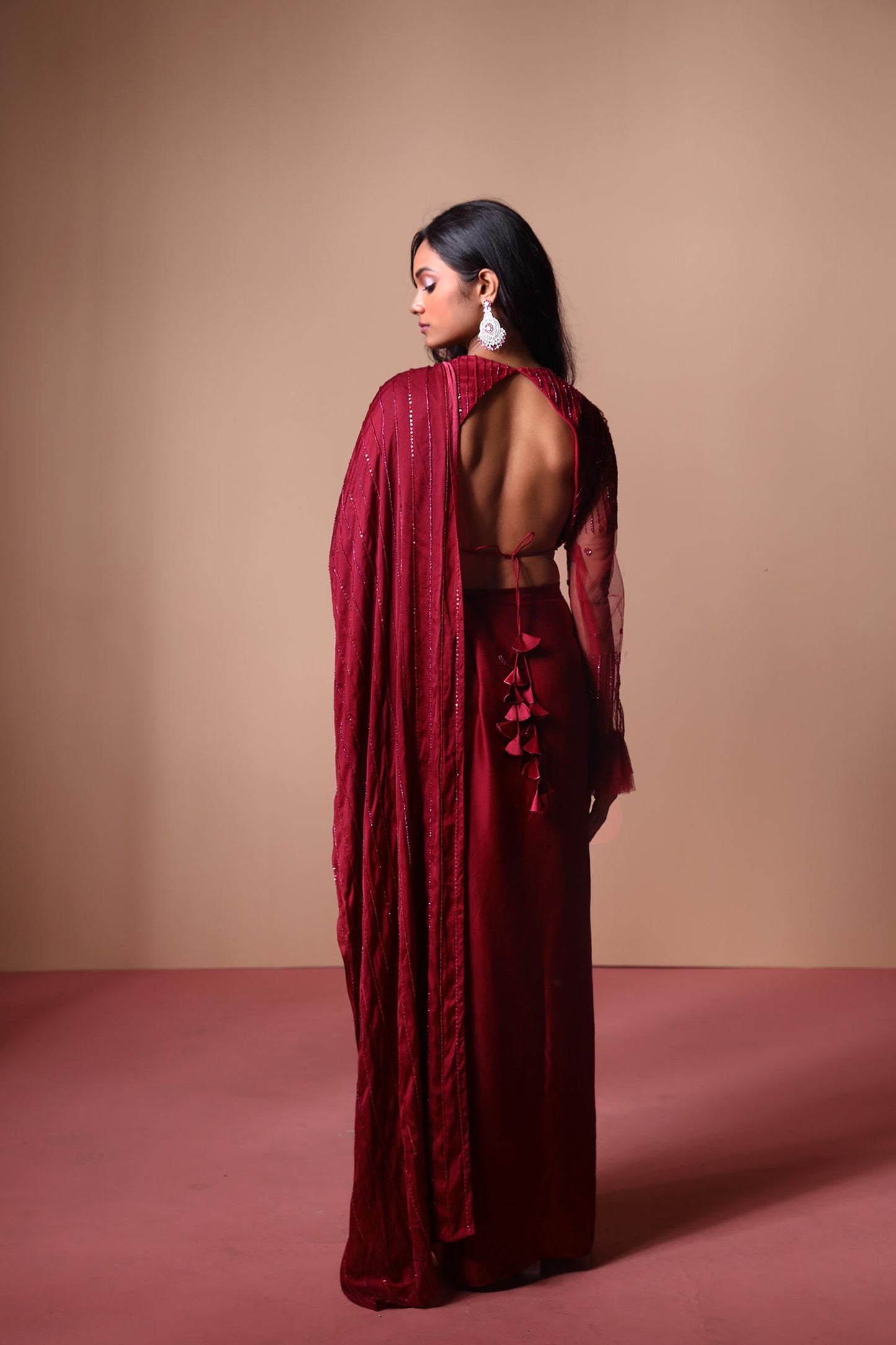 Jade - Maroon Draped Saree with Tulle blouse