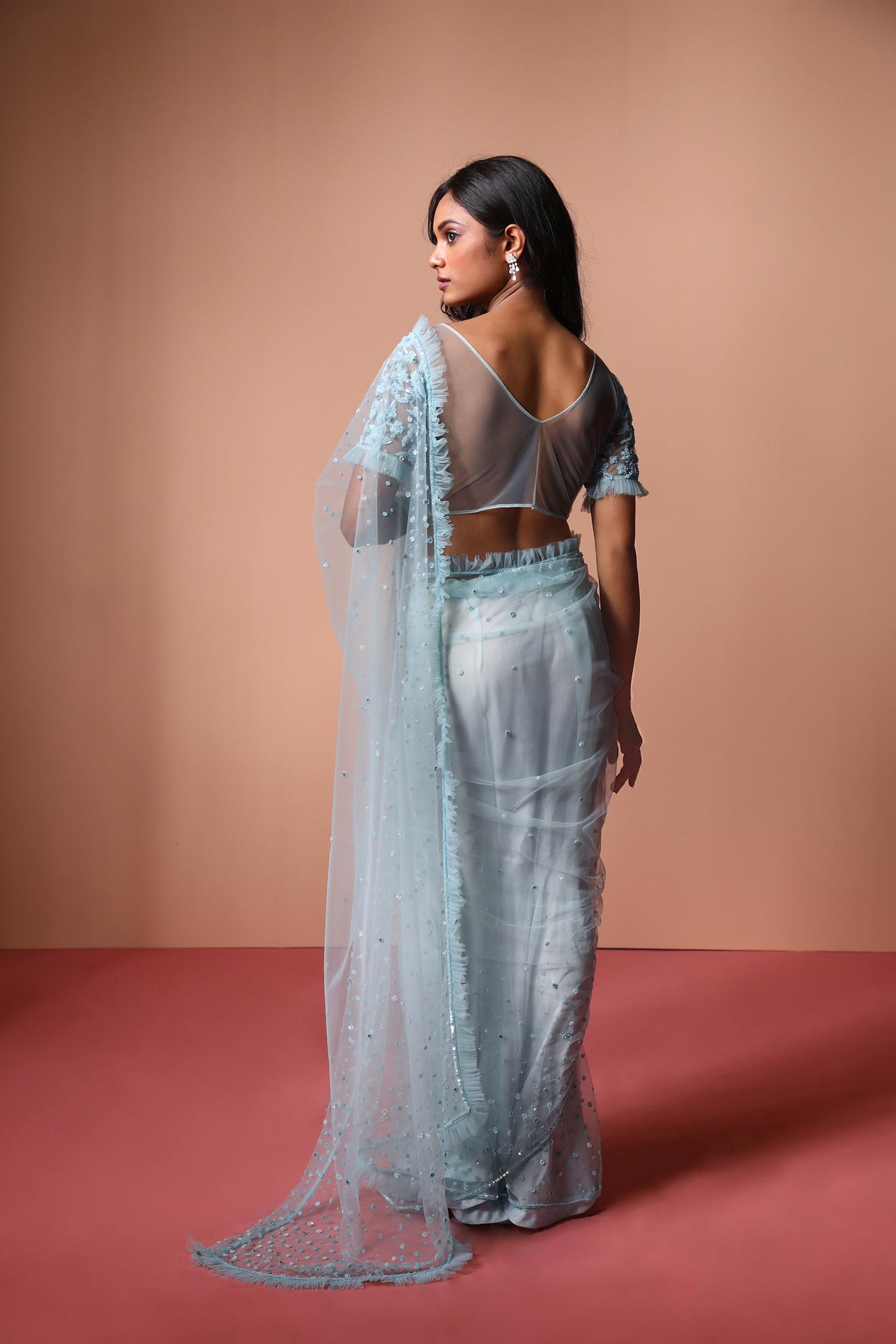 Alara - Pastel Blue Net Saree & Blouse