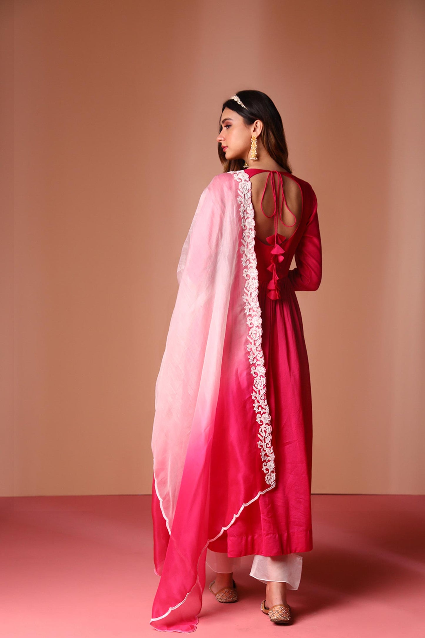 Asira - Magenta High-Low Anarkali with Ombre Dupatta