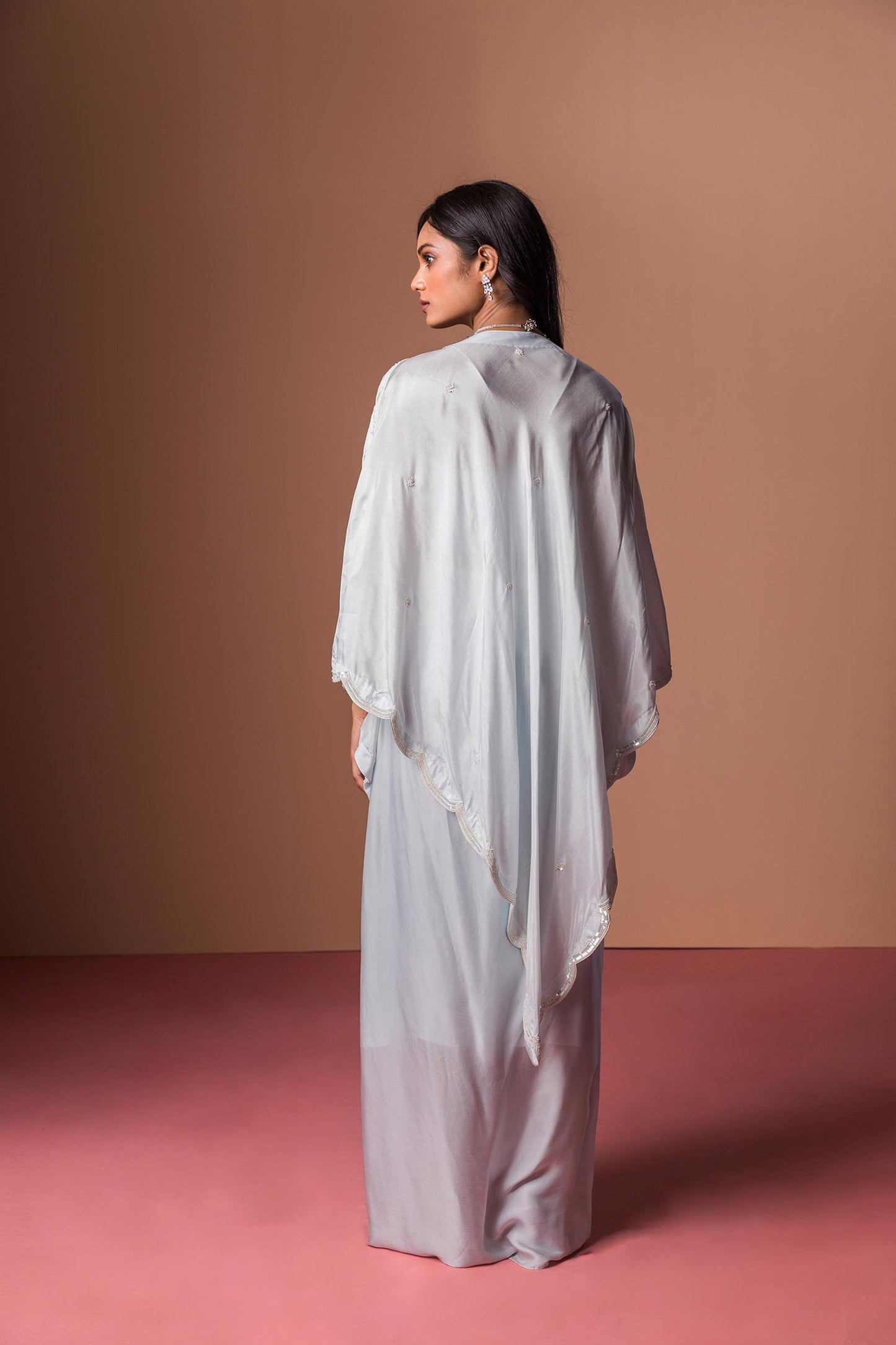 Aliza - Pastel Blue 3 Corner Cape Blouse & Draped Skirt