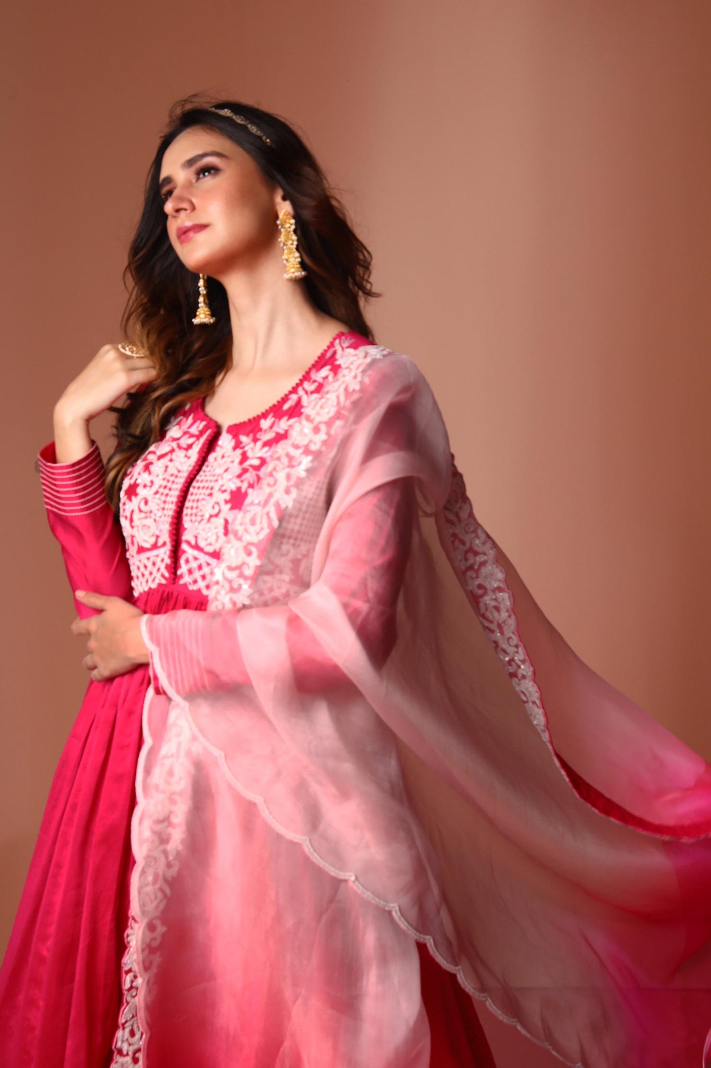 Asira - Magenta High-Low Anarkali with Ombre Dupatta