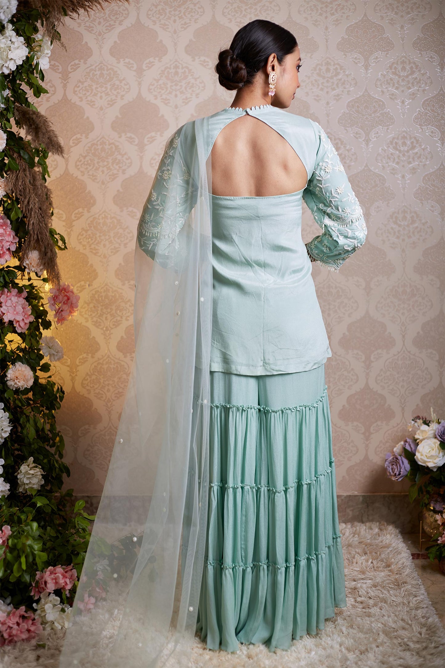 Esra - Sea Green Kurta With Pearl Work & Sharara