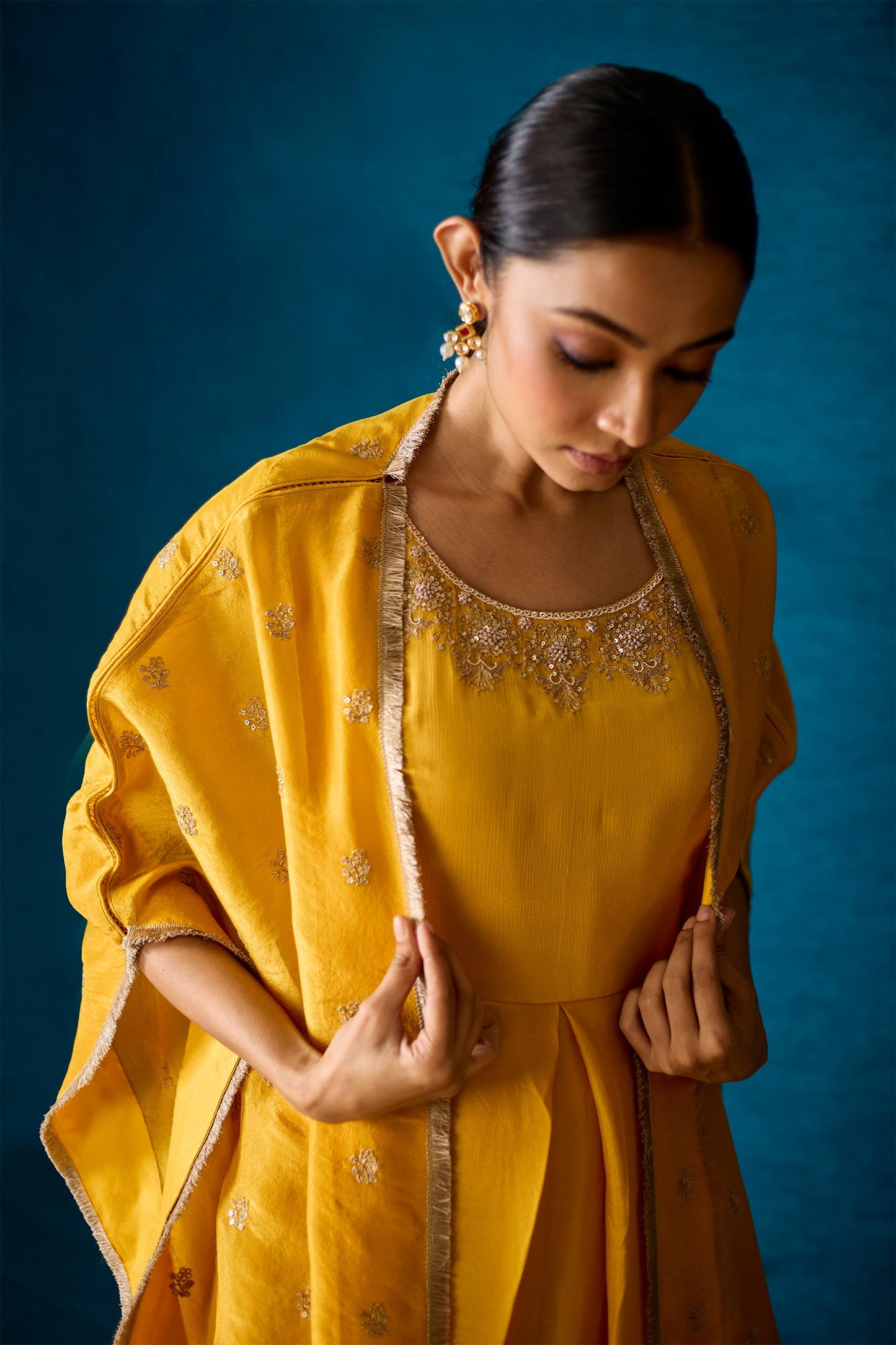 Aliza - Mustard Yellow Draped Dress & Cape