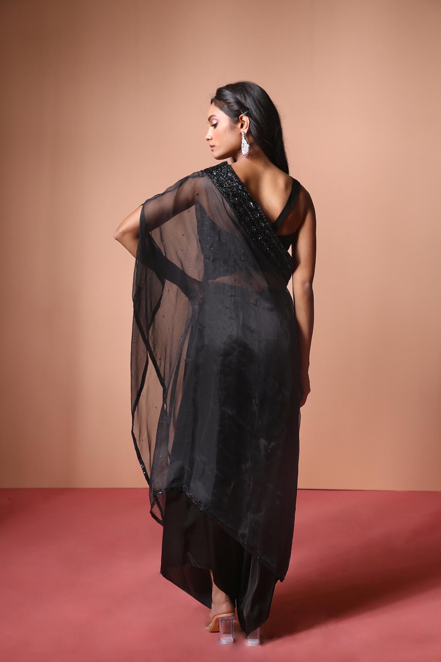 Seher - Black One Shoulder Cape, Blouse & Draped Pants