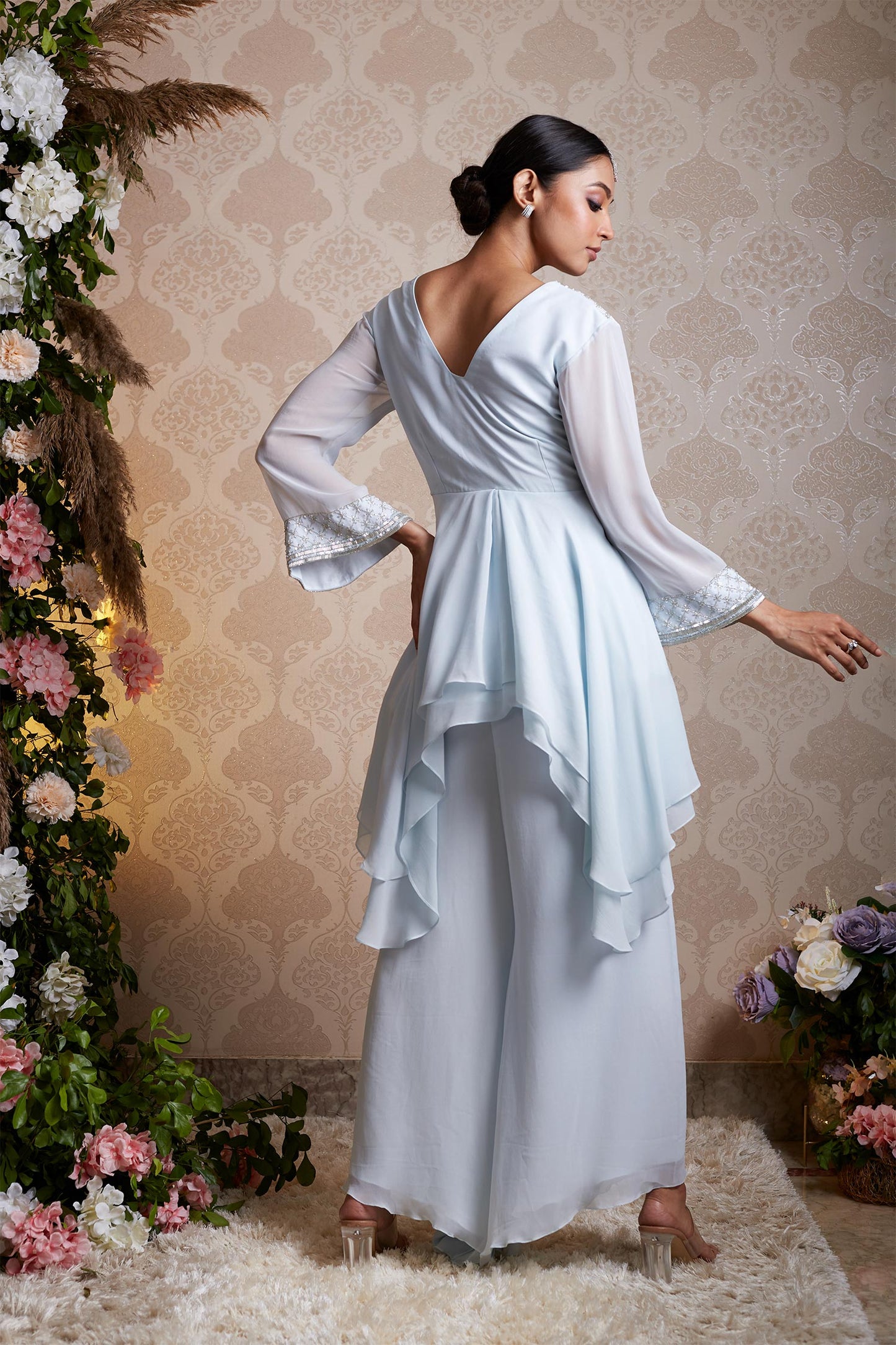 Alaysha - Powder Blue 2 Layer Asymmetrical Peplum & Palazzos