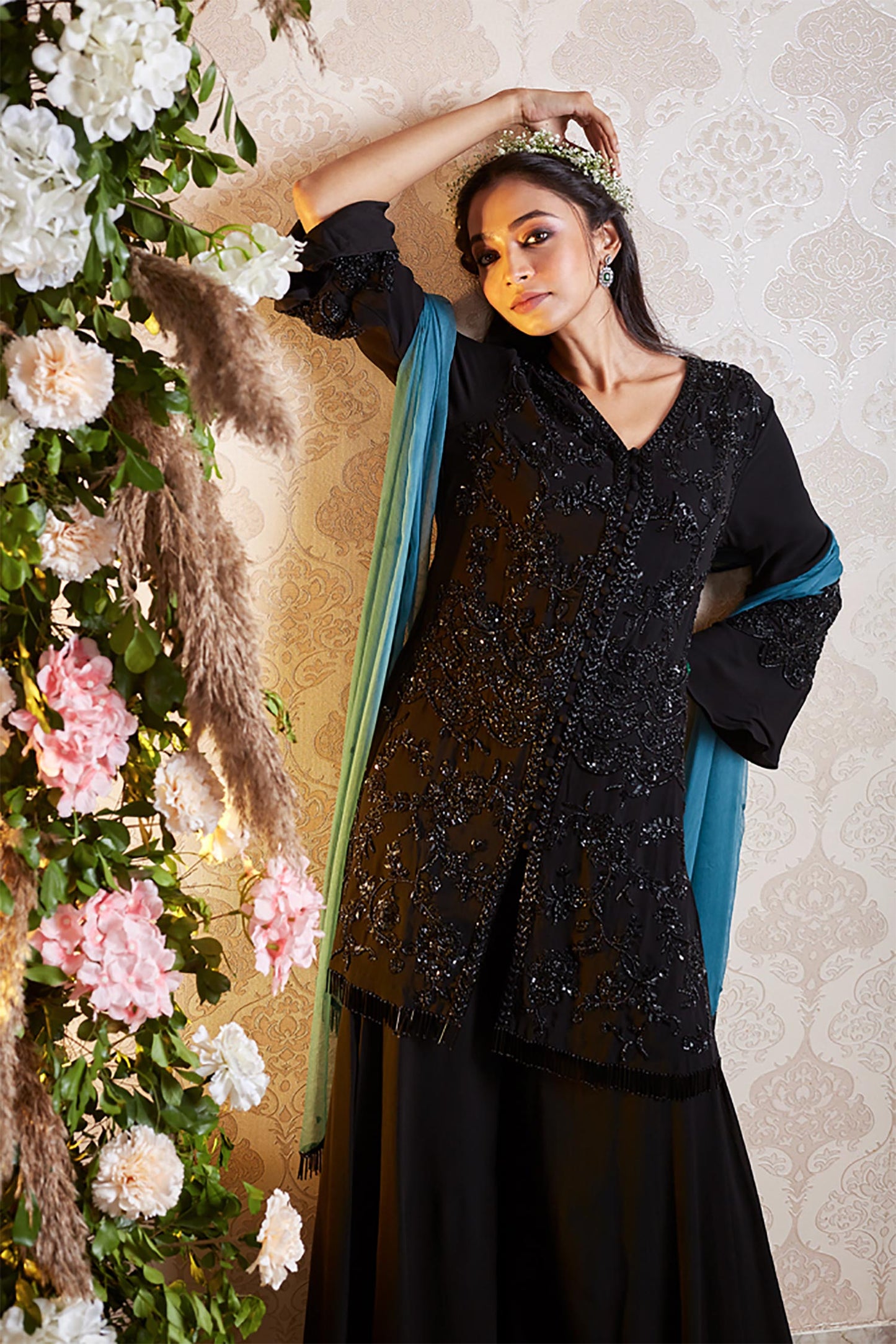 Inaya - Black Cutdana Shirt & Sharara