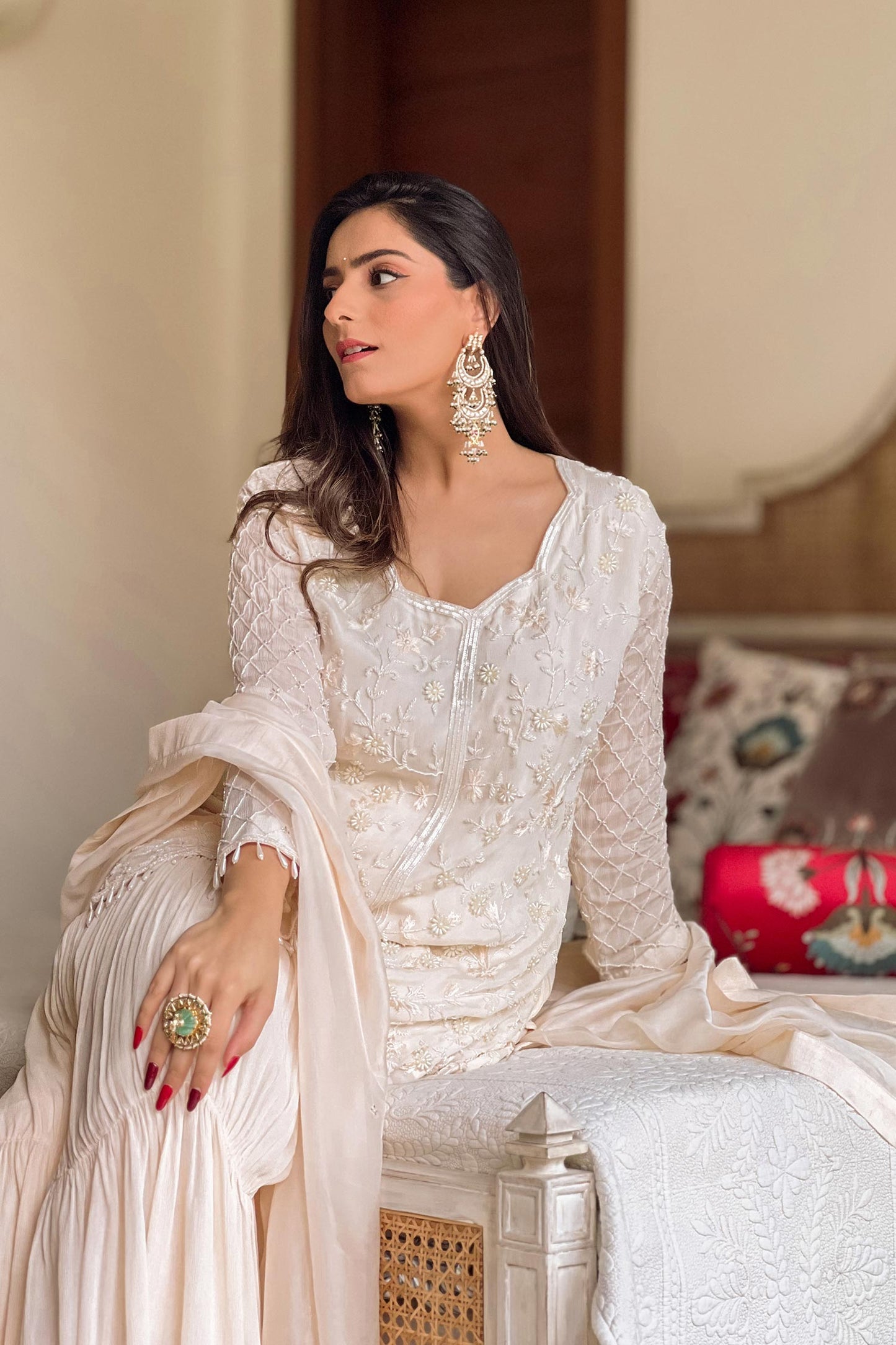 Esra - Ivory Kurta With Pearl Work & Sharara