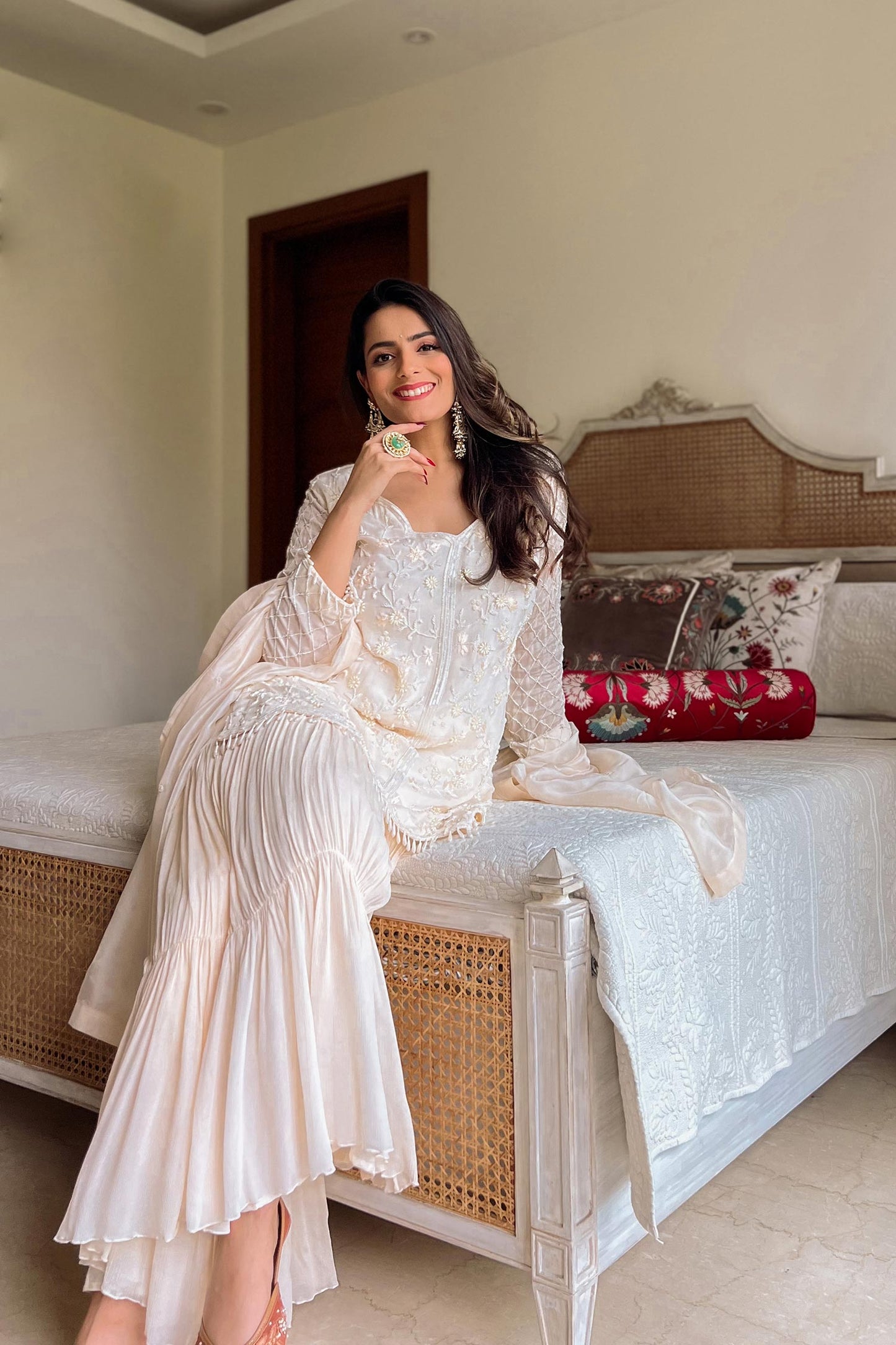 Esra - Ivory Kurta With Pearl Work & Sharara