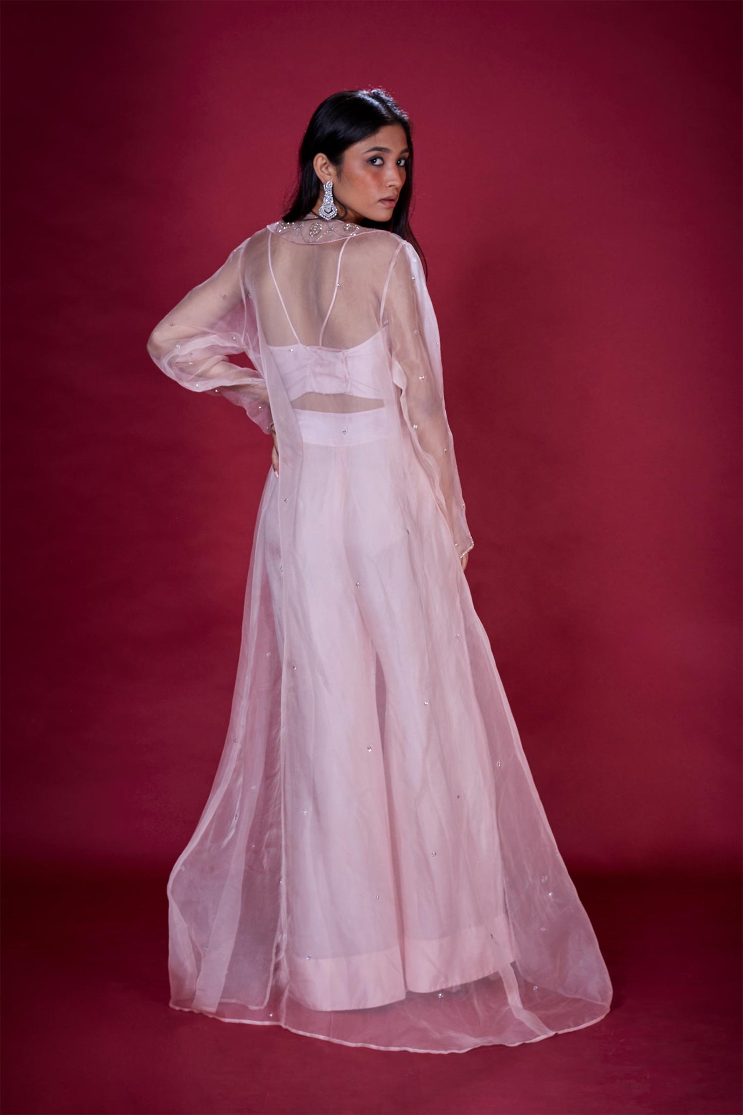 Maia - Light Pink Organza Jacket, Blouse & Palazzo