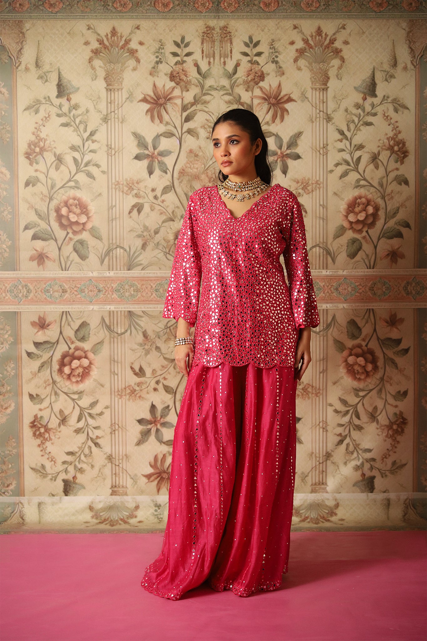 Heer Cerise Pink Mirror Work Sharara & Kurta Set