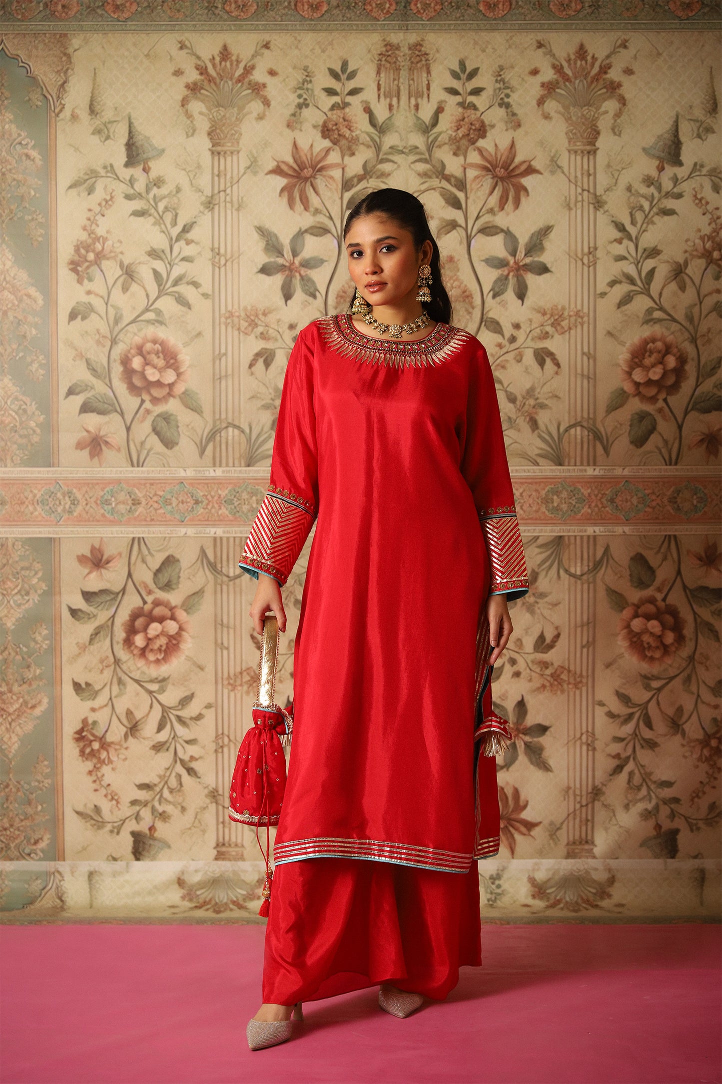 Zehra Red Kurta and Flared Pants with Gota Patti Work on Sleeves and Ghera