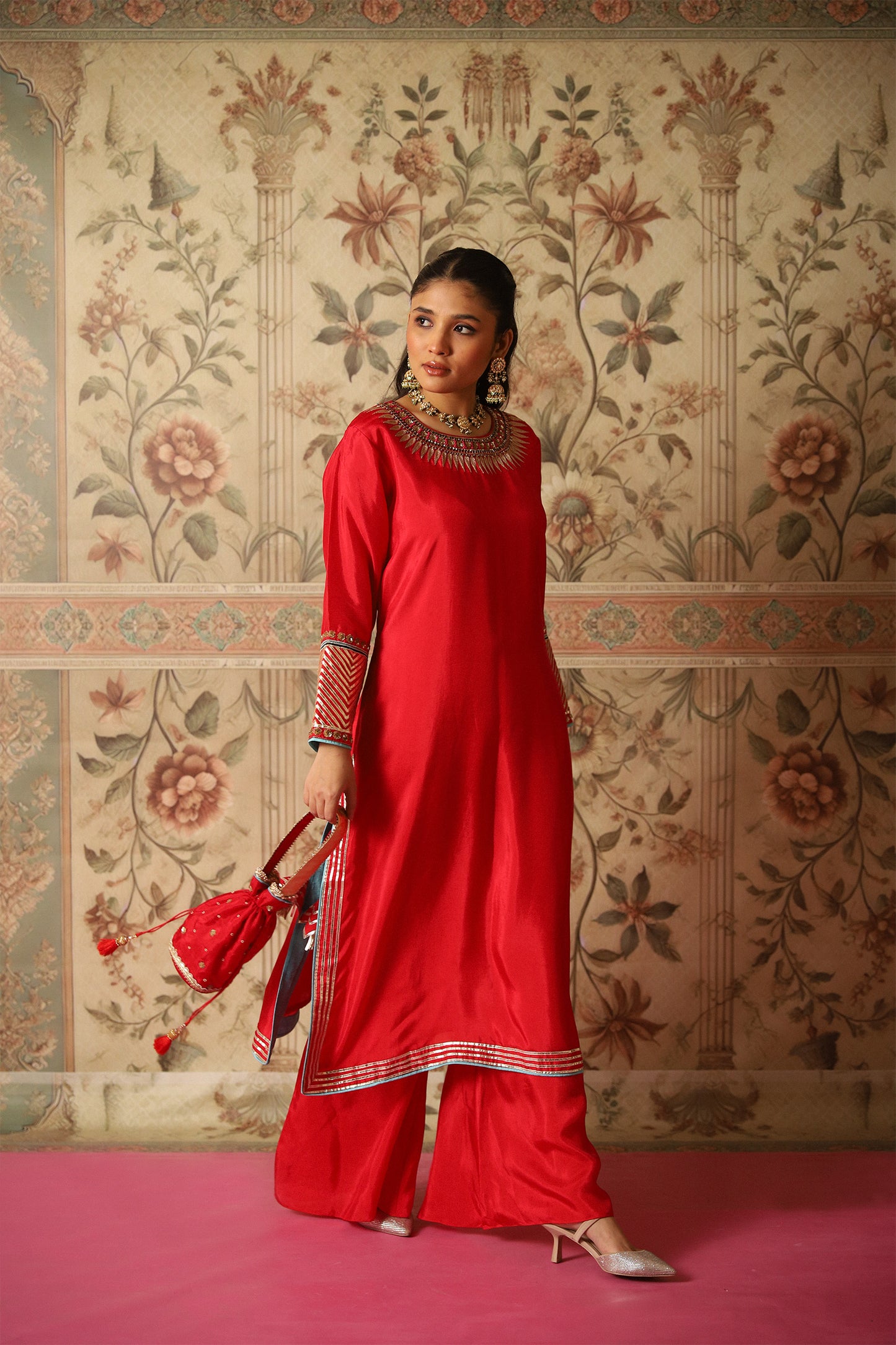 Zehra Red Kurta and Flared Pants with Gota Patti Work on Sleeves and Ghera