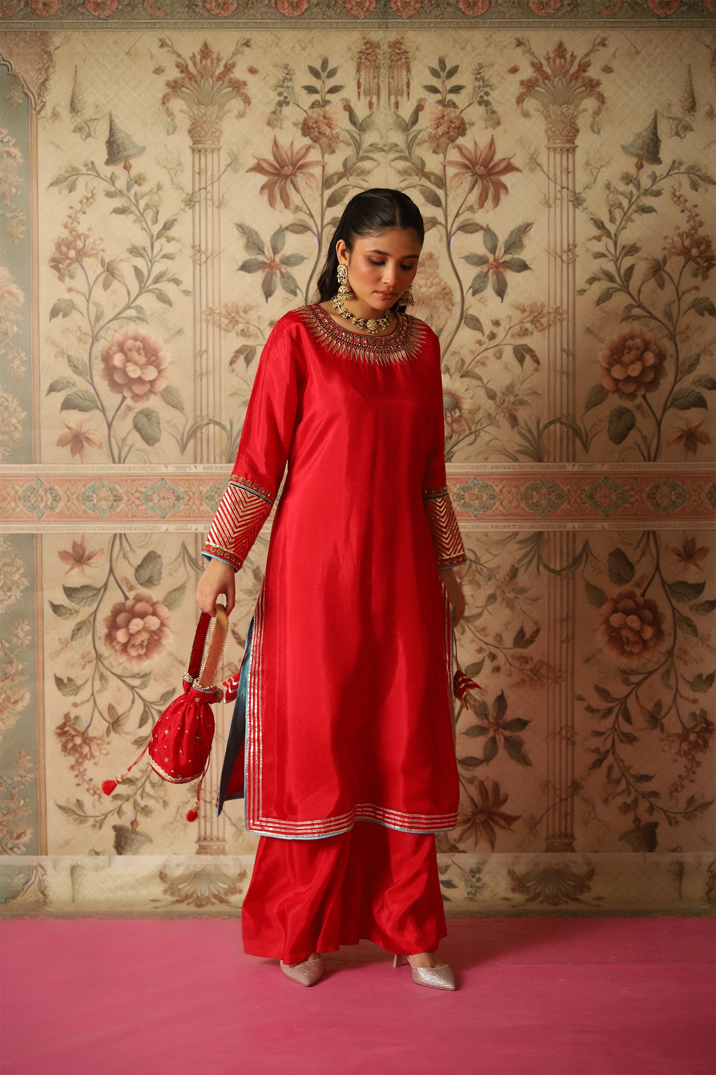 Zehra Red Kurta and Flared Pants with Gota Patti Work on Sleeves and Ghera