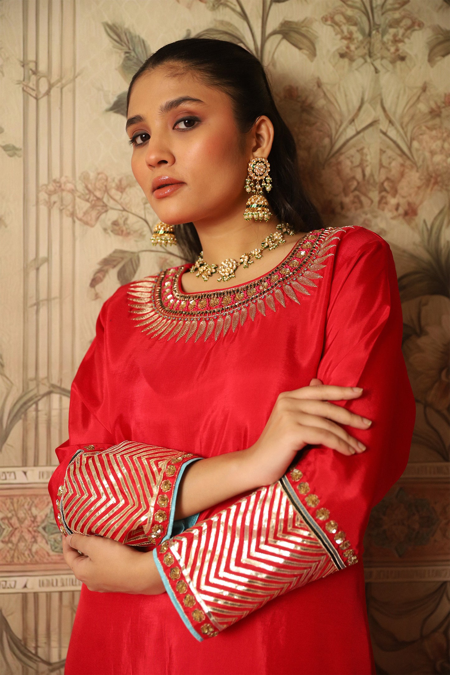 Zehra Red Kurta and Flared Pants with Gota Patti Work on Sleeves and Ghera