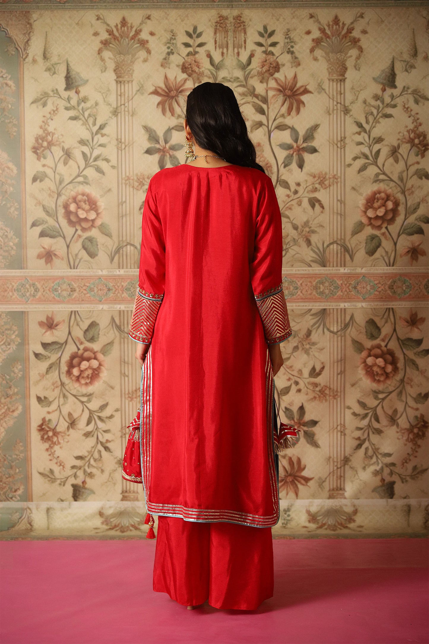 Zehra Red Kurta and Flared Pants with Gota Patti Work on Sleeves and Ghera