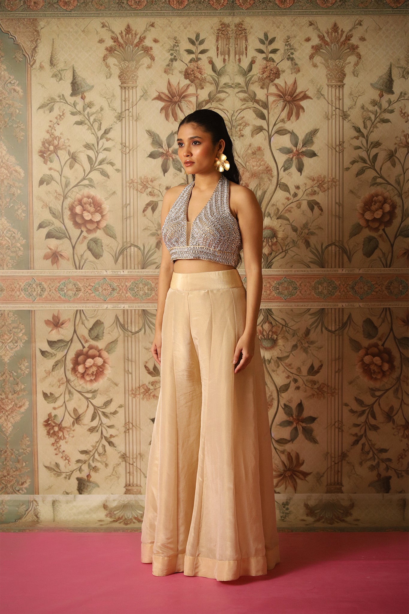 Irina Gold Hand-Embroidered Blouse paired with Flared Tissue Palazzos