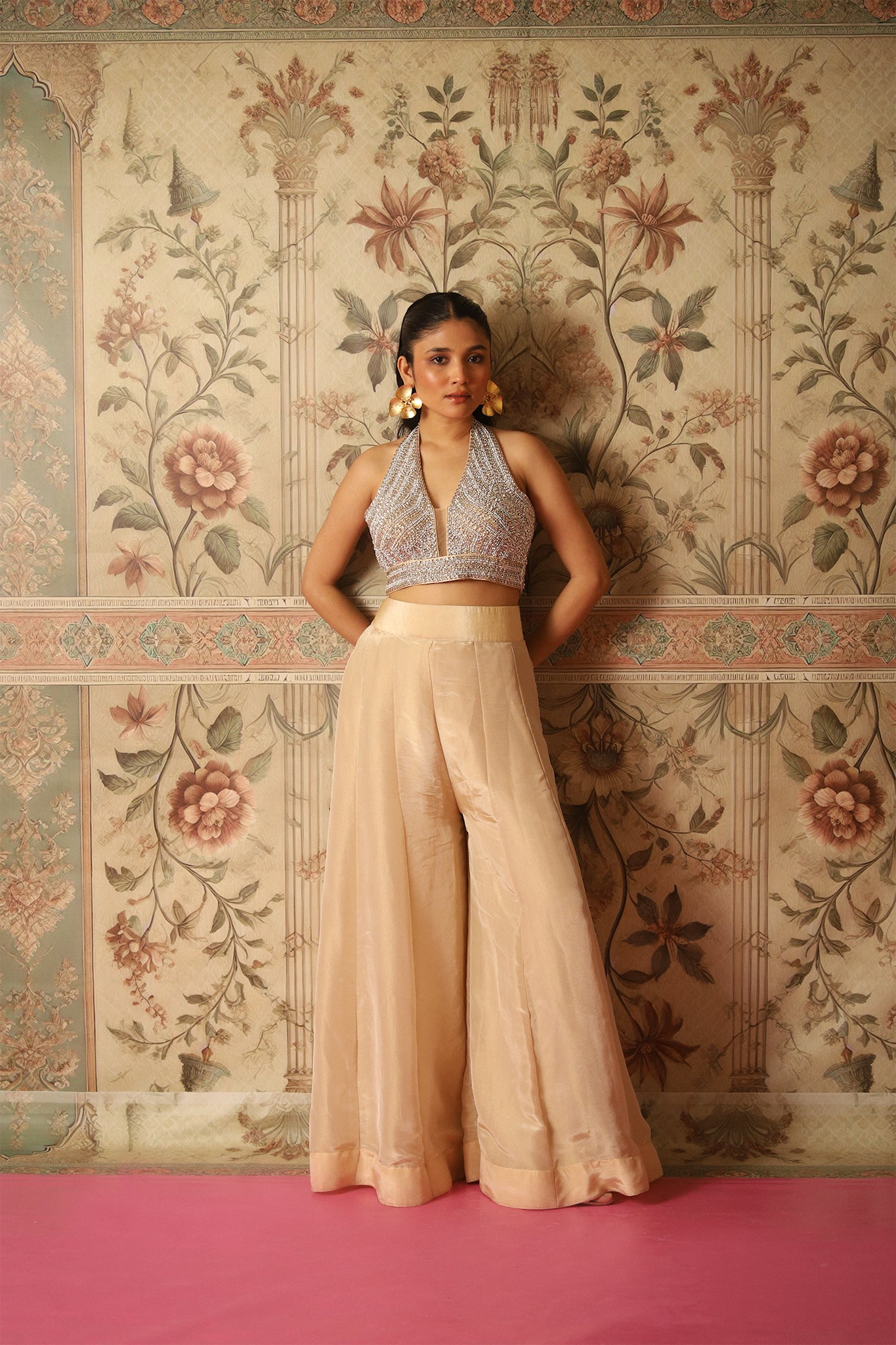 Irina Gold Hand-Embroidered Blouse paired with Flared Tissue Palazzos