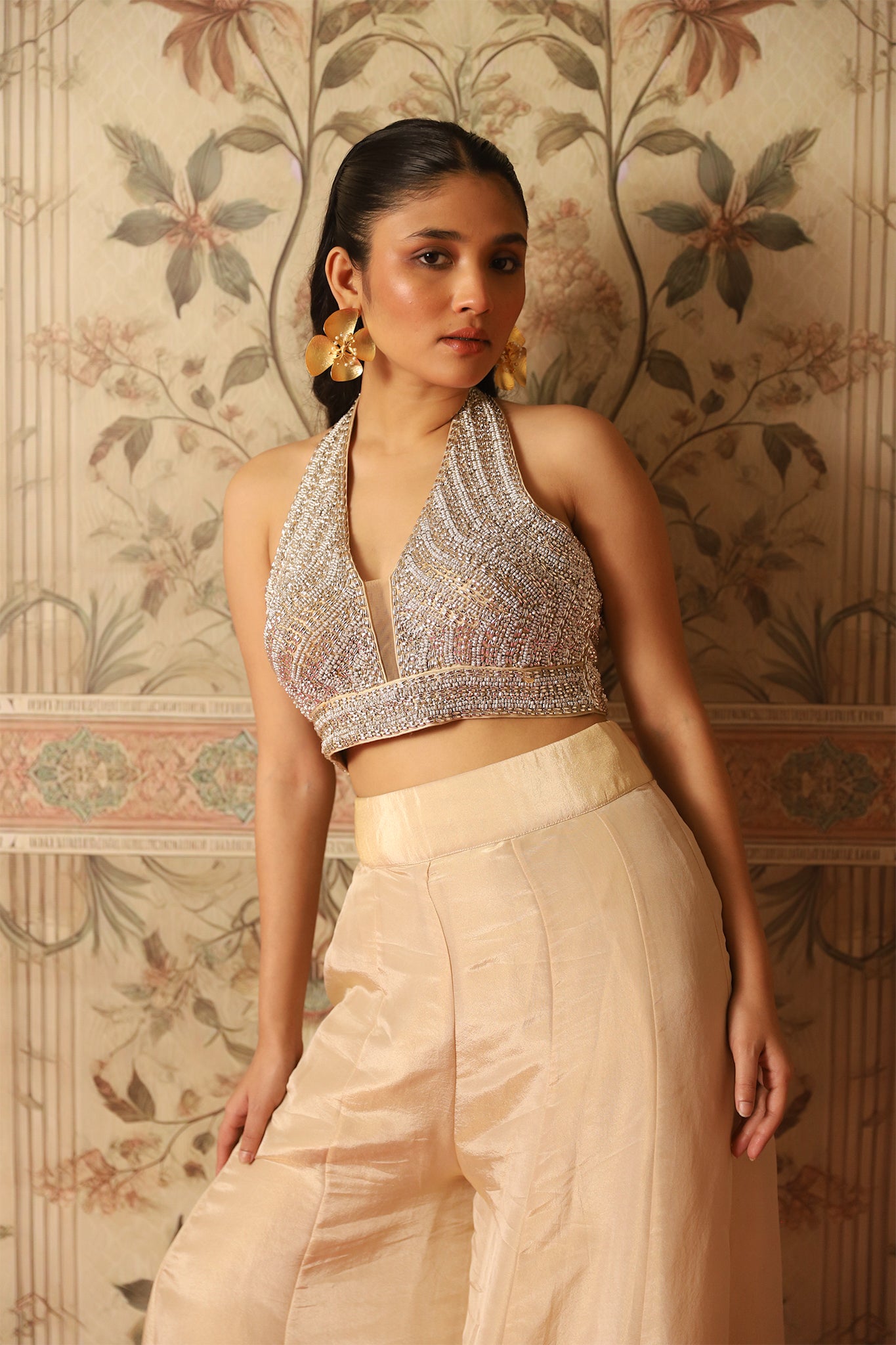 Irina Gold Hand-Embroidered Blouse paired with Flared Tissue Palazzos