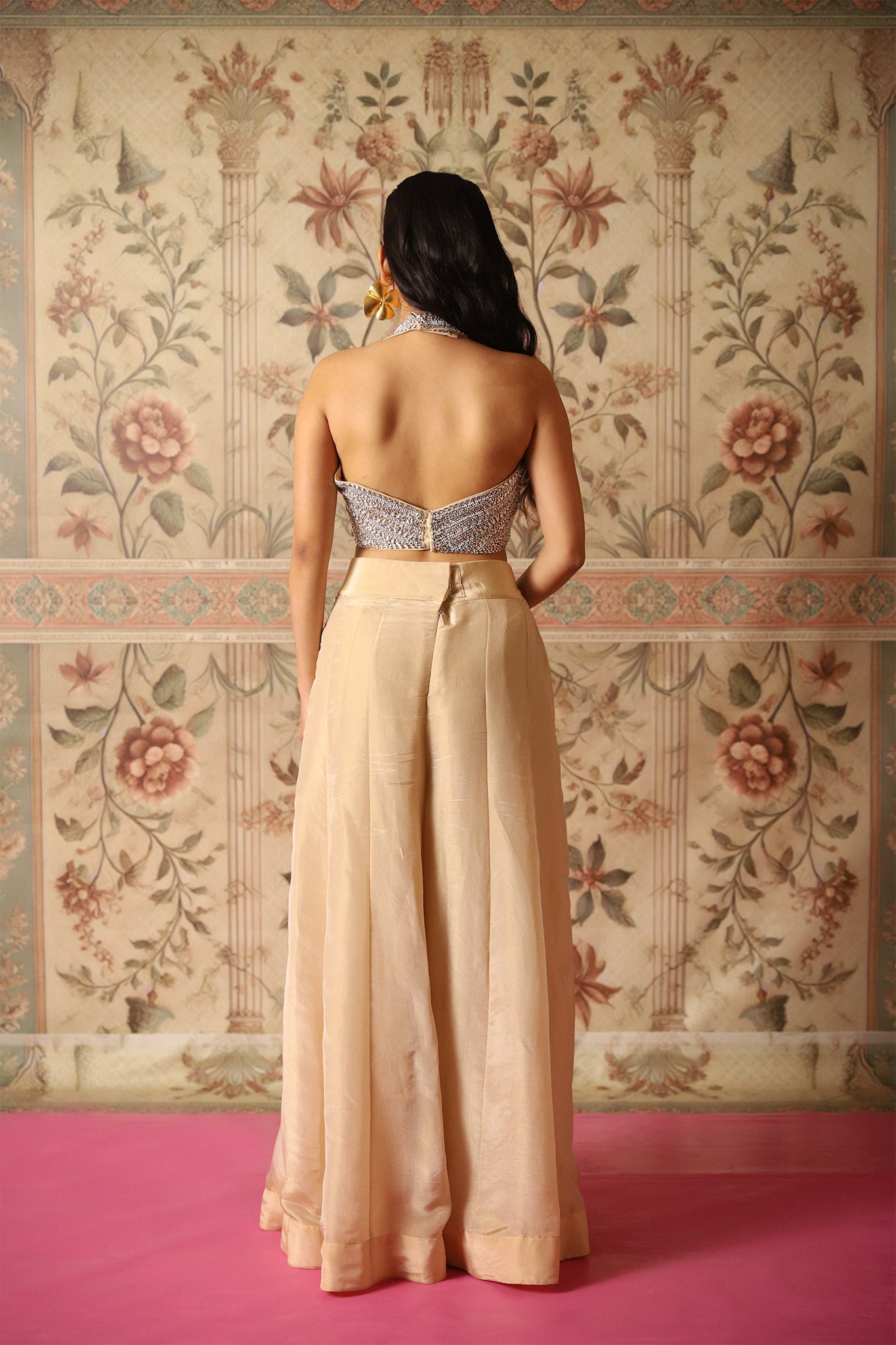 Irina Gold Hand-Embroidered Blouse paired with Flared Tissue Palazzos