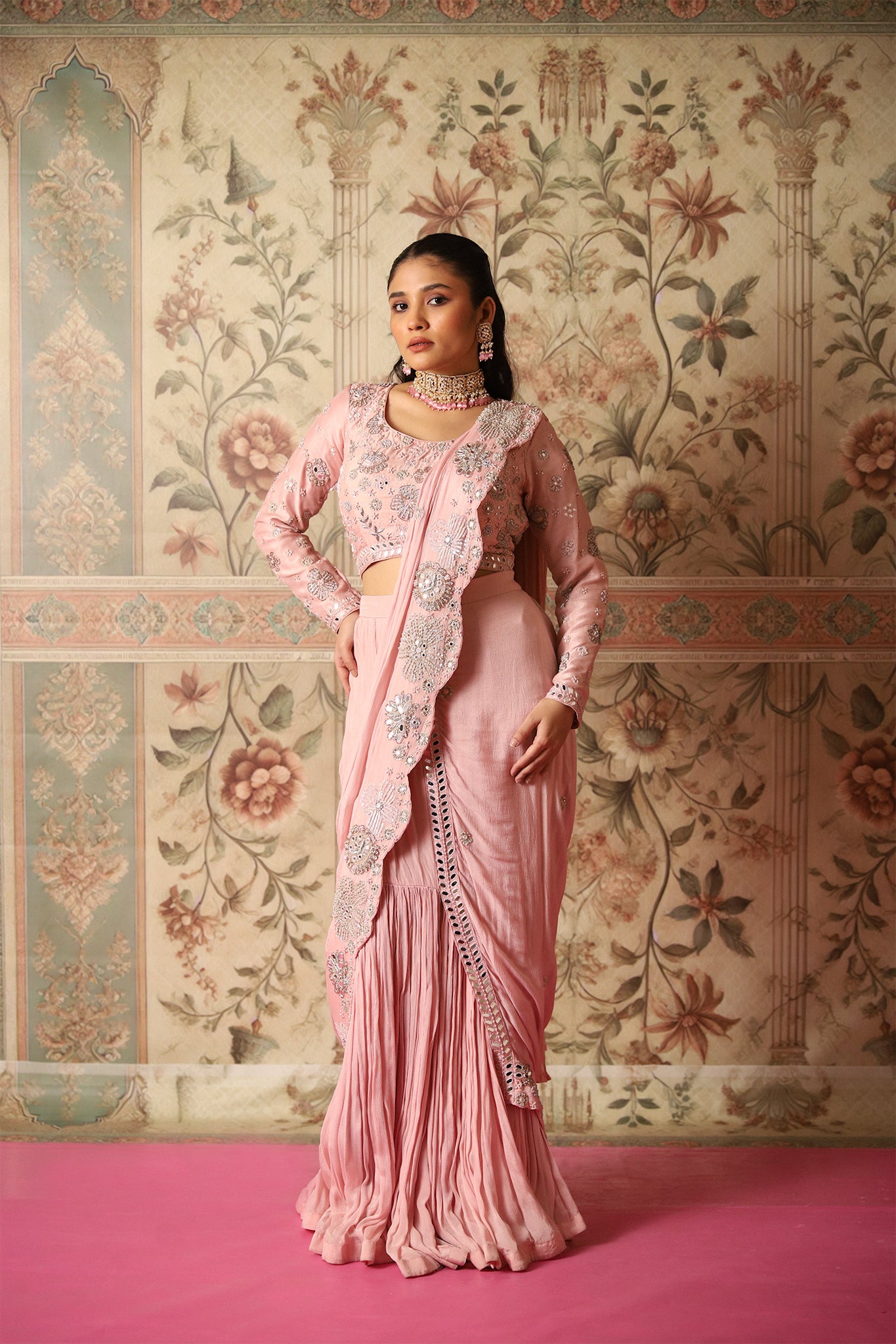 Jasmin Old Rose Pink Pre-Draped Saree & Blouse