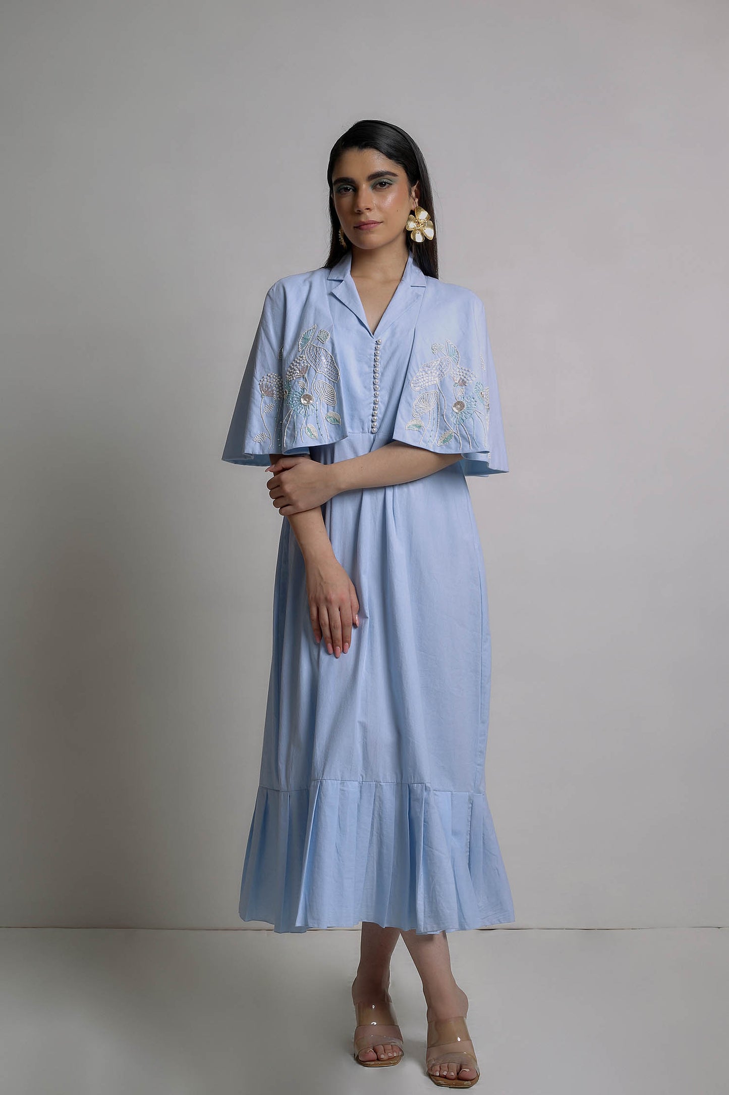 Kefi - Sky Blue Dress With Hand-Embroidered Cape Style Sleeves
