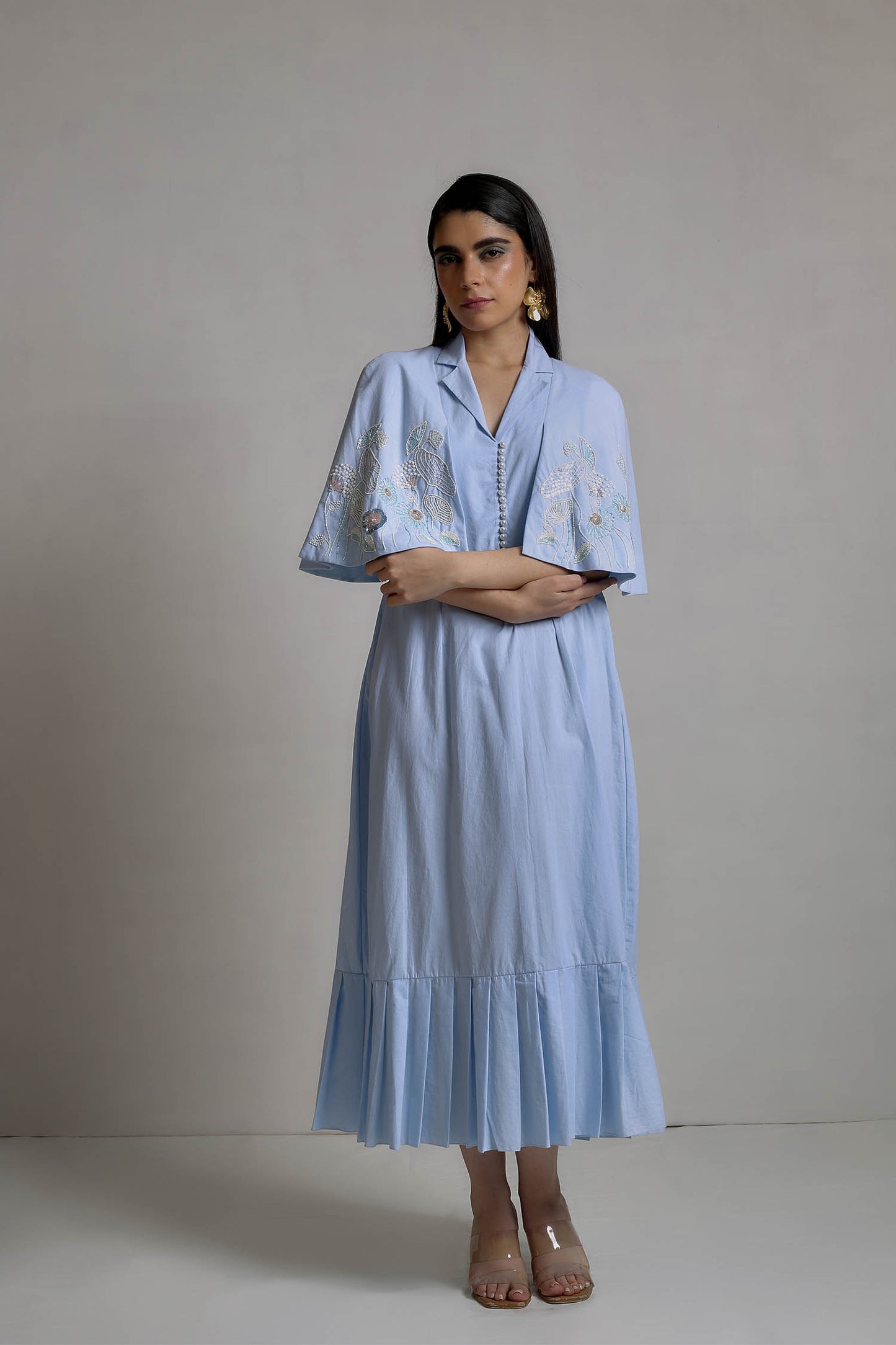 Kefi - Sky Blue Dress With Hand-Embroidered Cape Style Sleeves