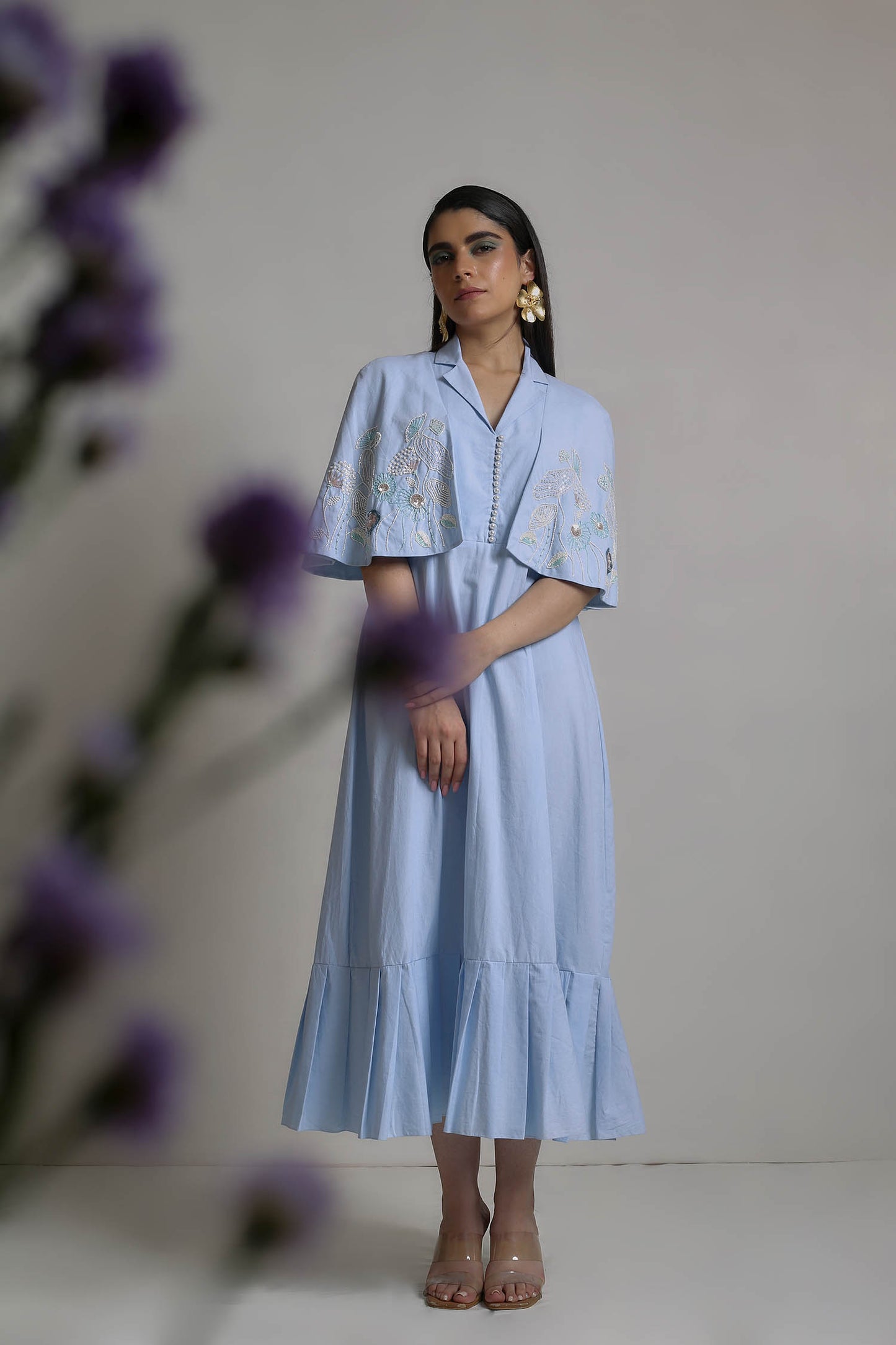 Kefi - Sky Blue Dress With Hand-Embroidered Cape Style Sleeves