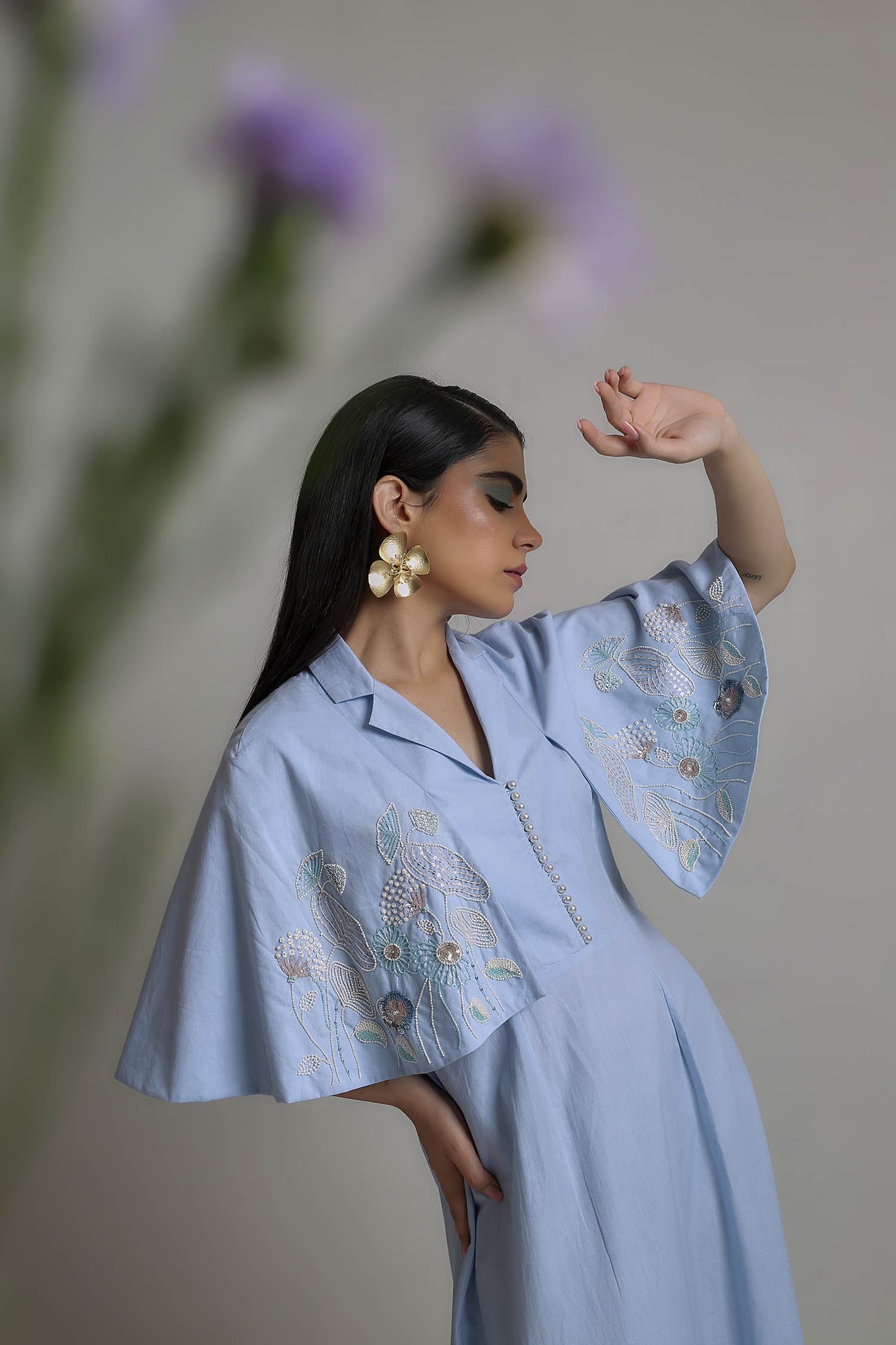 Kefi - Sky Blue Dress With Hand-Embroidered Cape Style Sleeves
