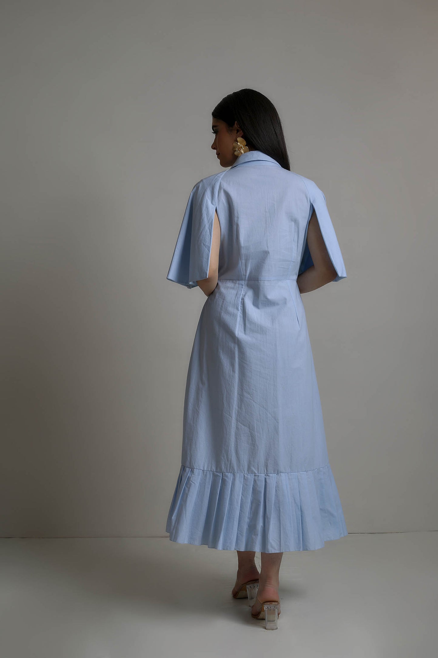 Kefi - Sky Blue Dress With Hand-Embroidered Cape Style Sleeves