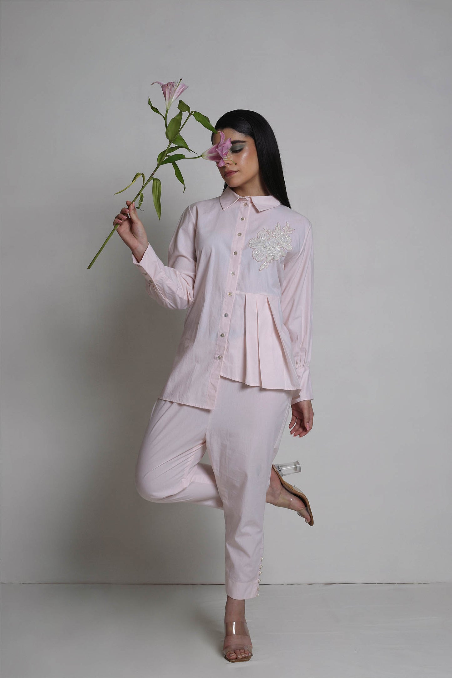 Esme - Peach Shirt Co-ord Set With Hand Work and Cigarette Pants