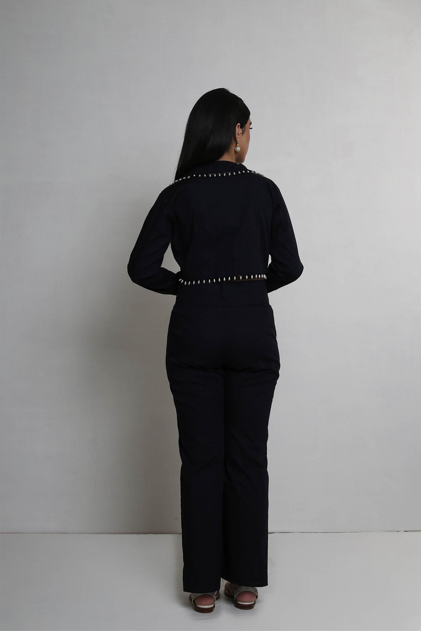 Alayna - Black Cropped Trench Jacket With Pearl Drops, Flared Pants With Front Open Slit Panel & Cropped Bustier