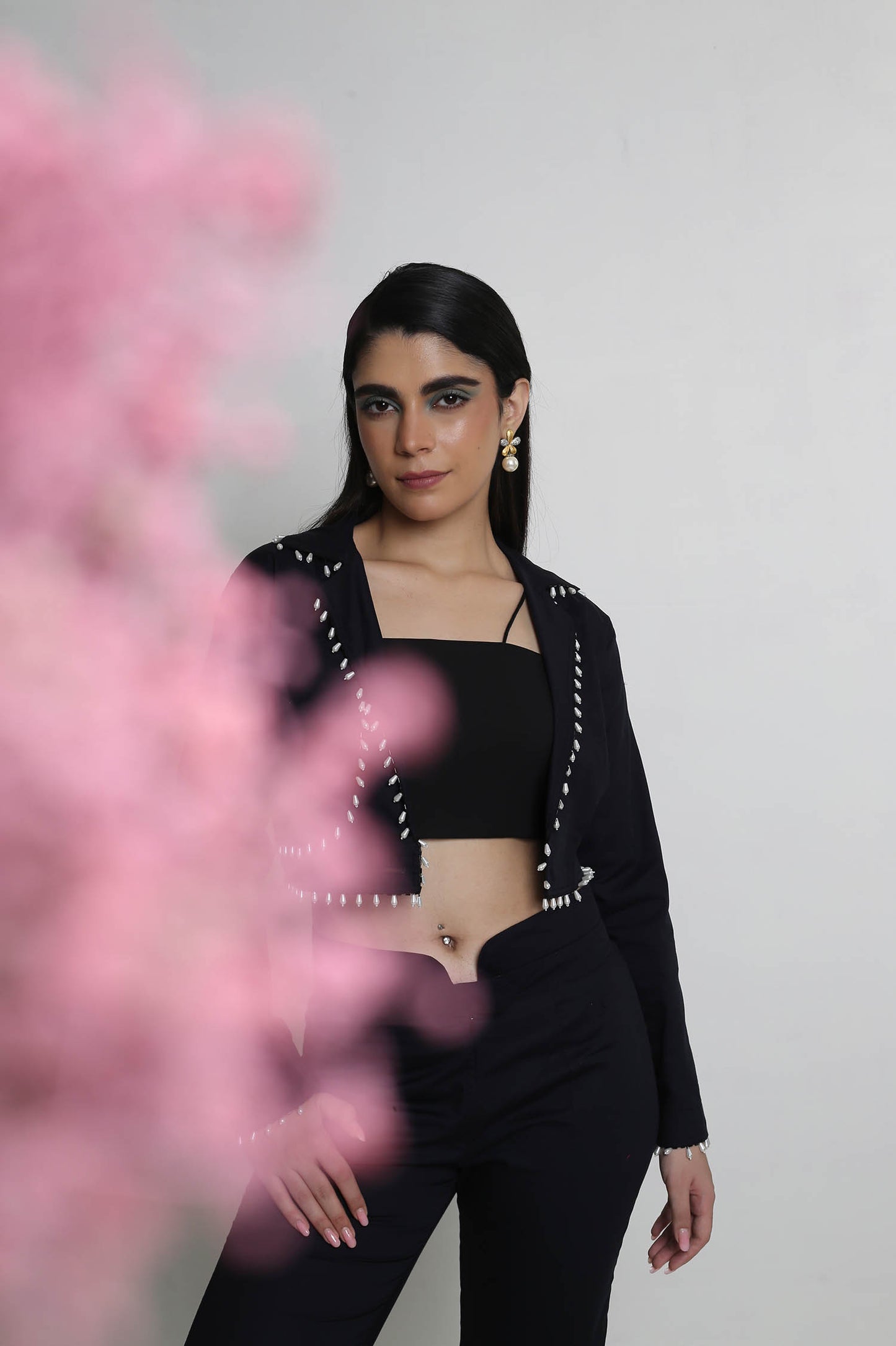 Alayna - Black Cropped Trench Jacket With Pearl Drops, Flared Pants With Front Open Slit Panel & Cropped Bustier