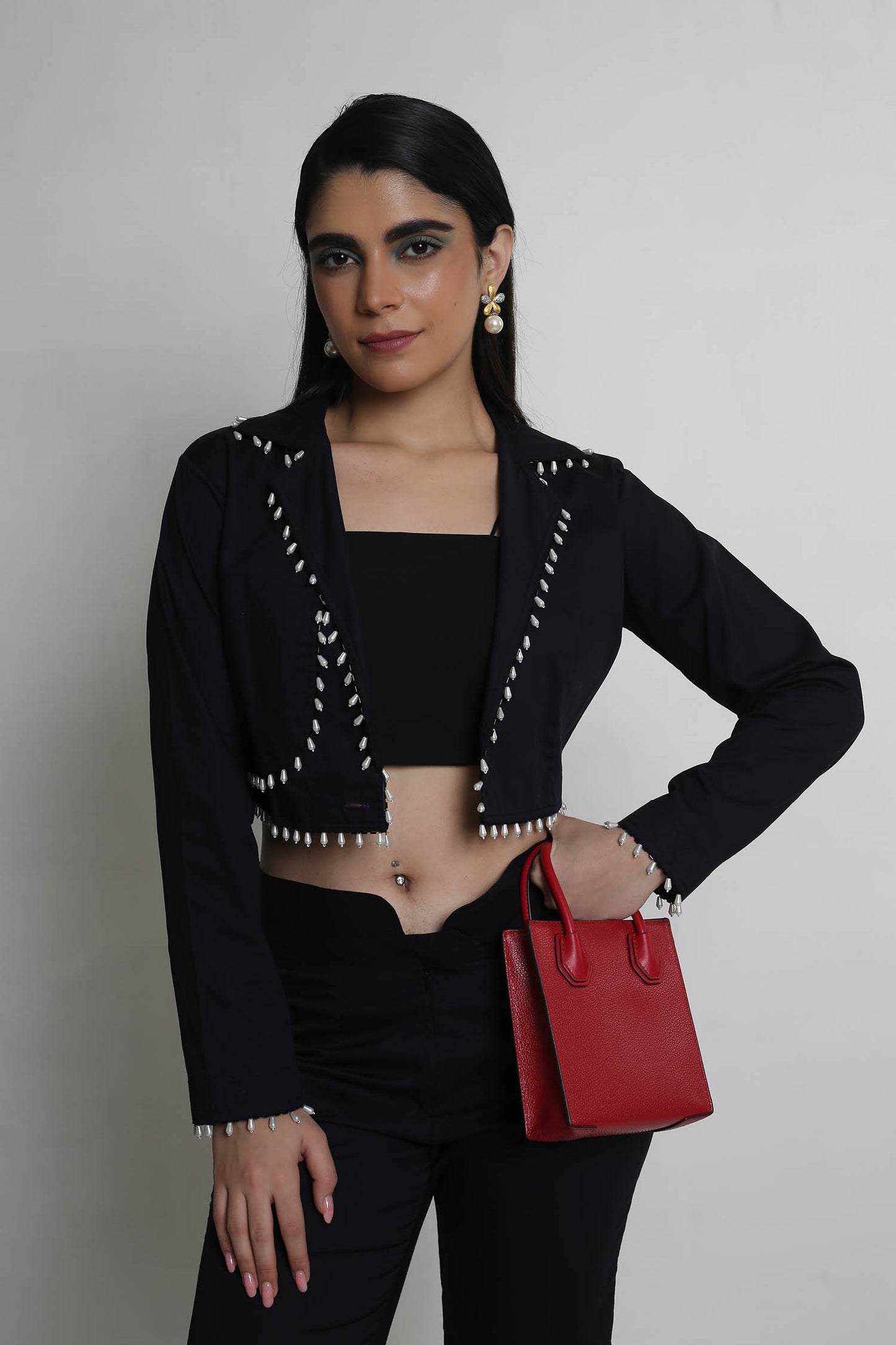 Alayna - Black Cropped Trench Jacket With Pearl Drops, Flared Pants With Front Open Slit Panel & Cropped Bustier