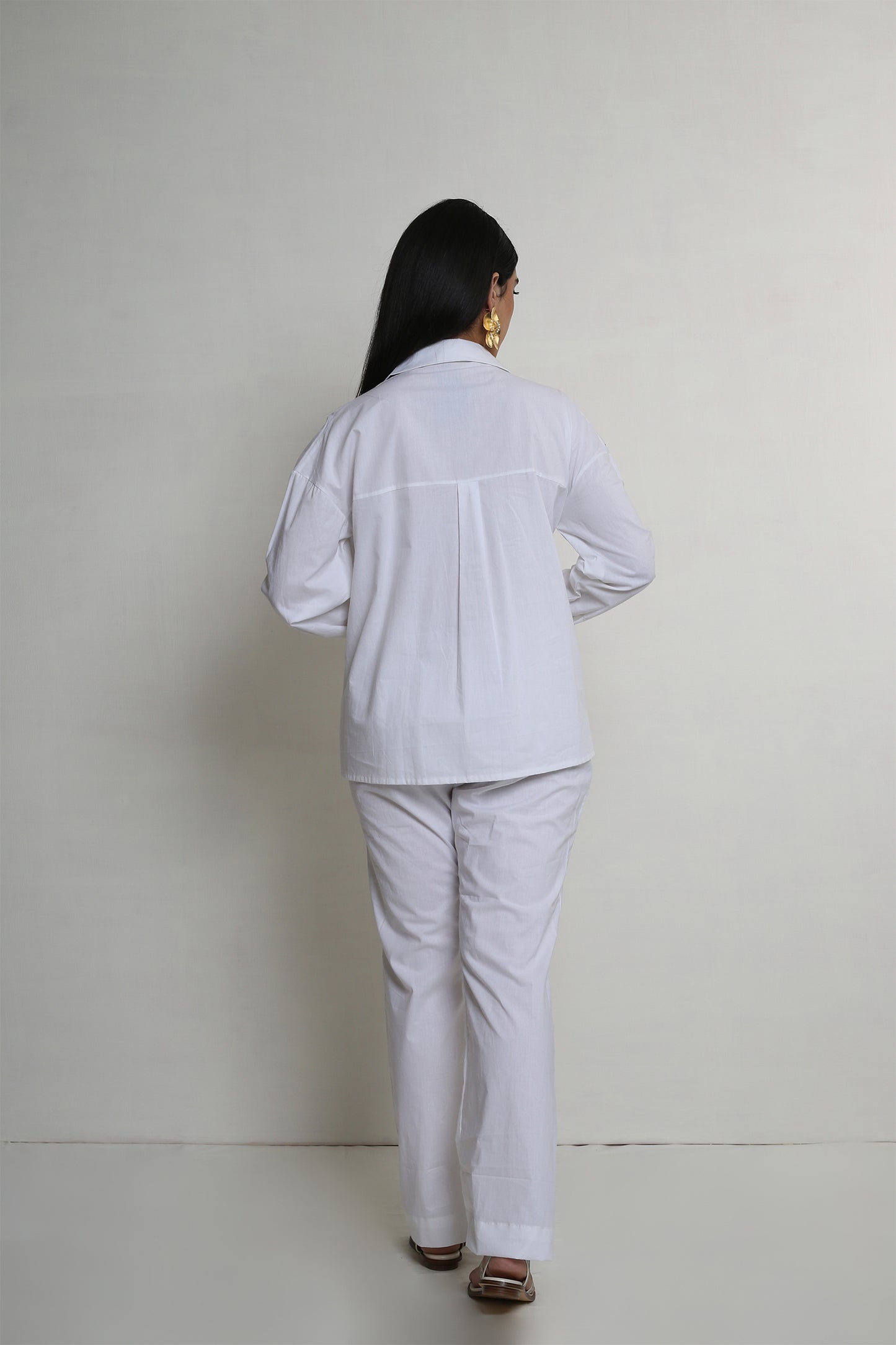 Chérie - White Shirt Co-ord Set With Black Handwork and White Cigarette Pants