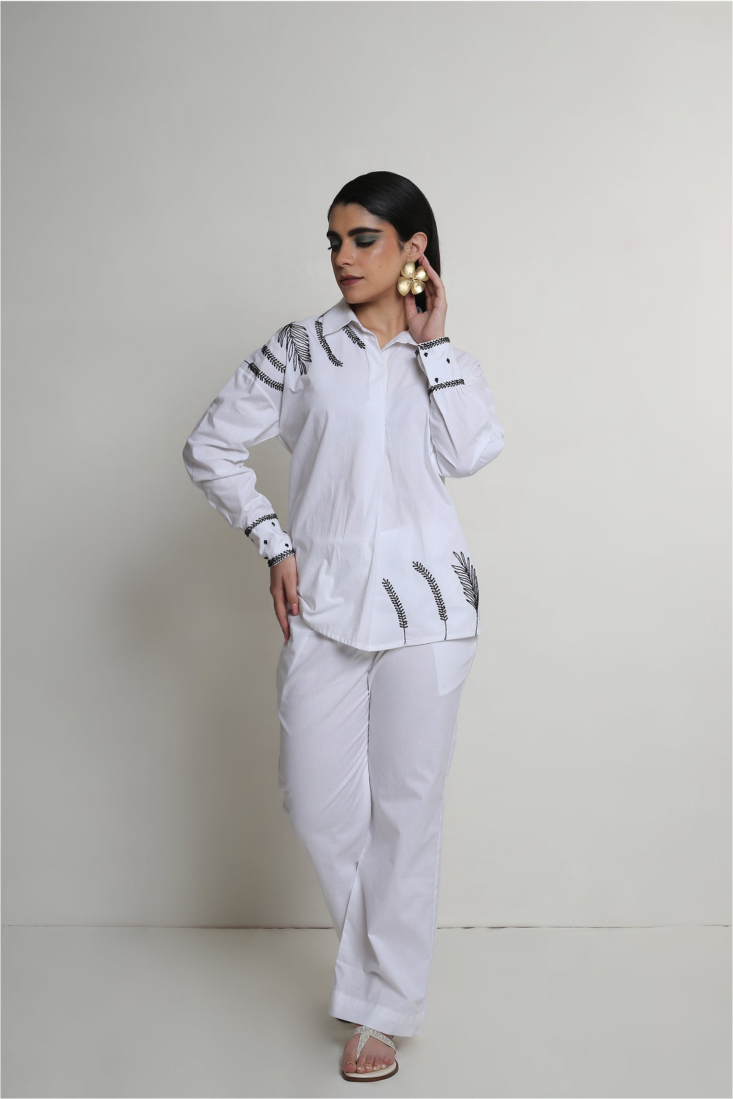 Chérie - White Shirt Co-ord Set With Black Handwork and White Cigarette Pants