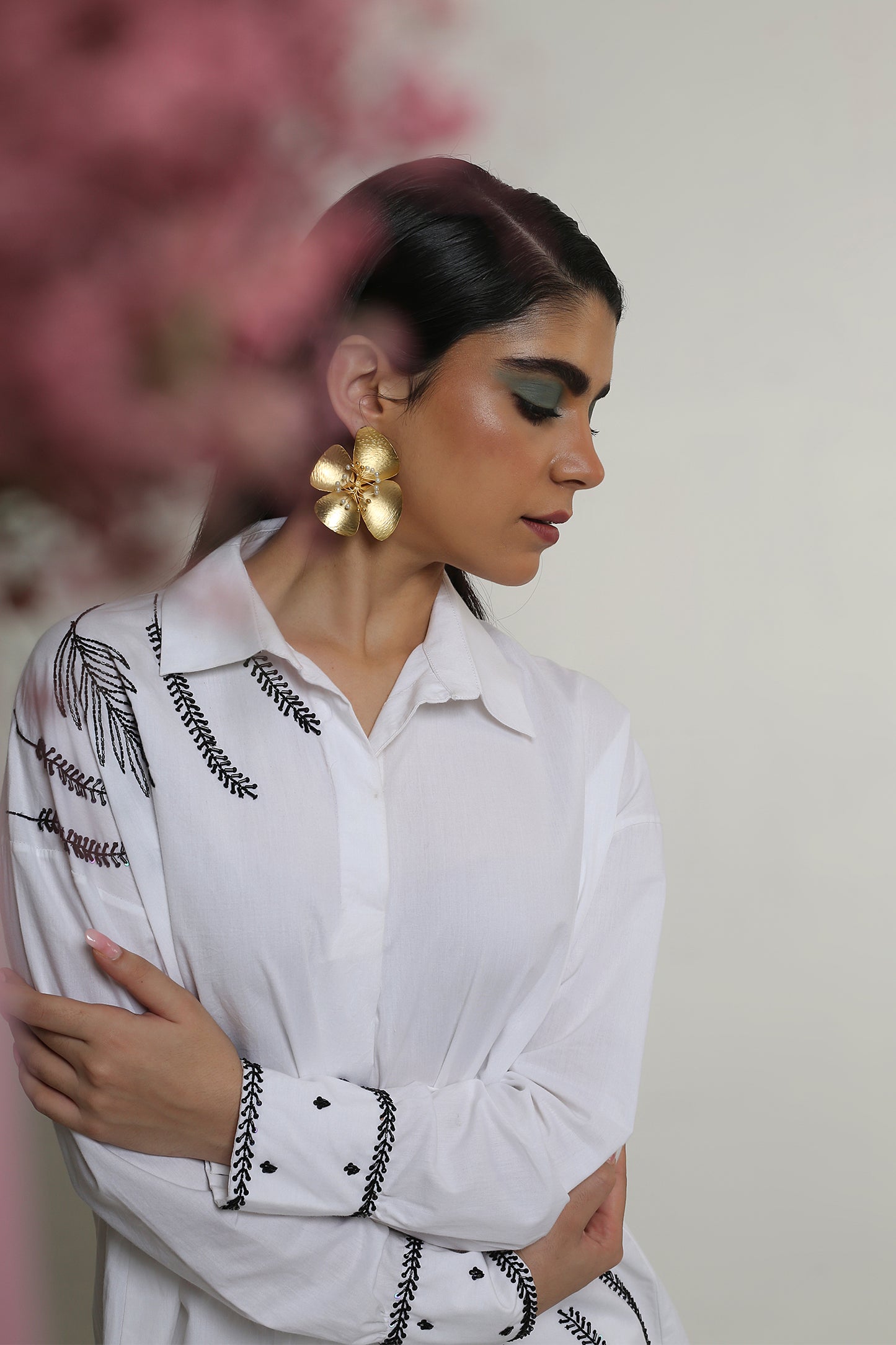 Chérie - White Shirt Co-ord Set With Black Handwork and White Cigarette Pants