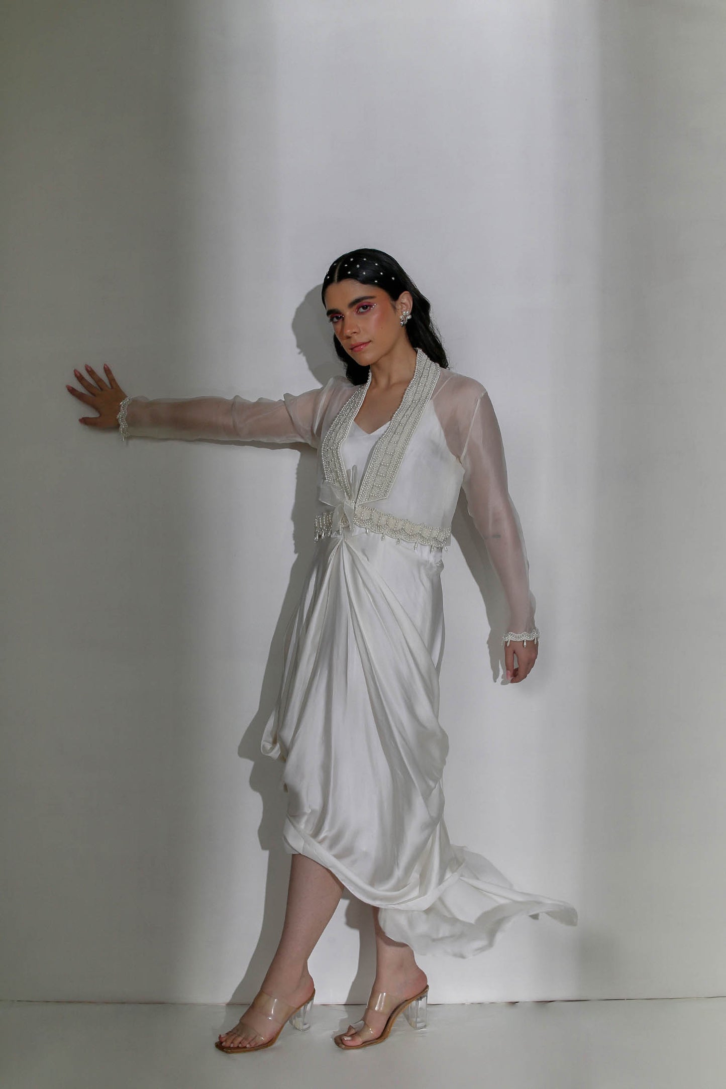 Aster - Ivory Draped Cowl Dress & Cropped Organza Jacket With Pearl Hand-Embroidery on the Collar