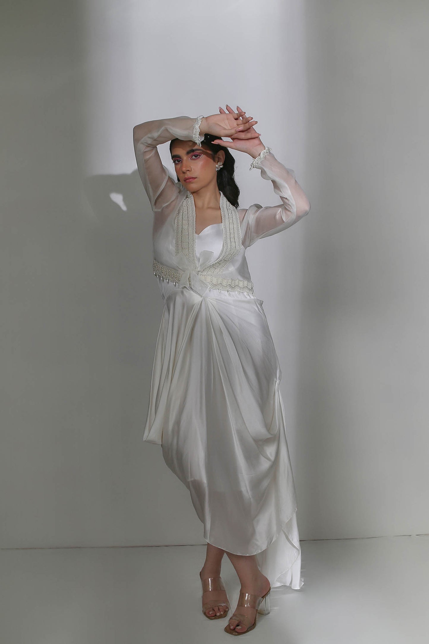 Aster - Ivory Draped Cowl Dress & Cropped Organza Jacket With Pearl Hand-Embroidery on the Collar