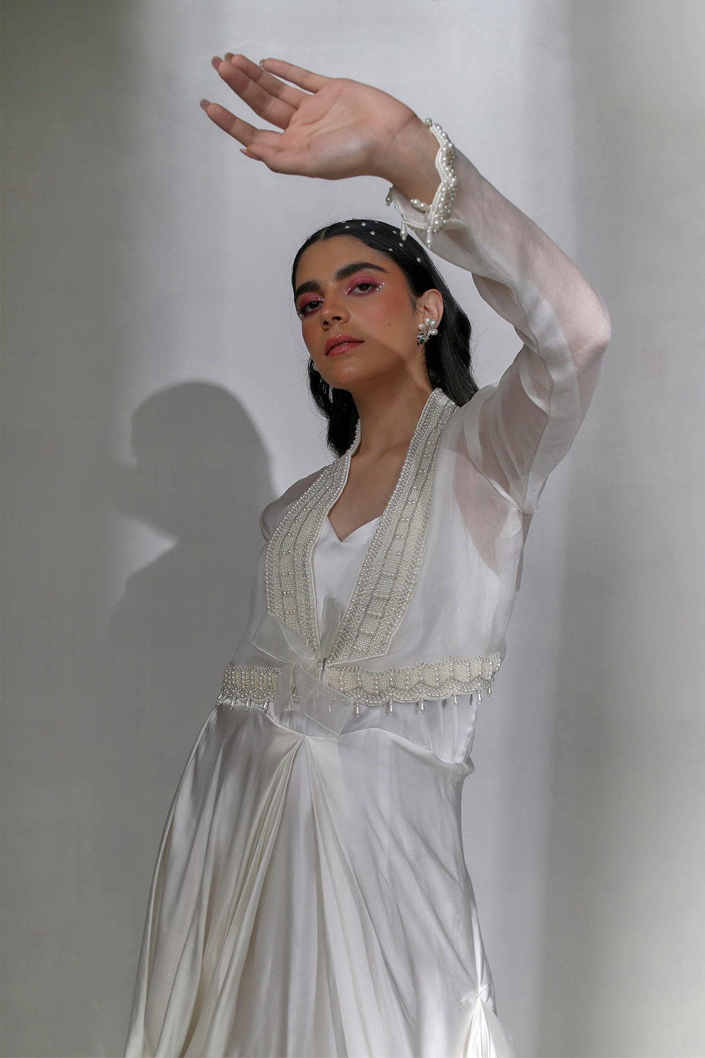 Aster - Ivory Draped Cowl Dress & Cropped Organza Jacket With Pearl Hand-Embroidery on the Collar
