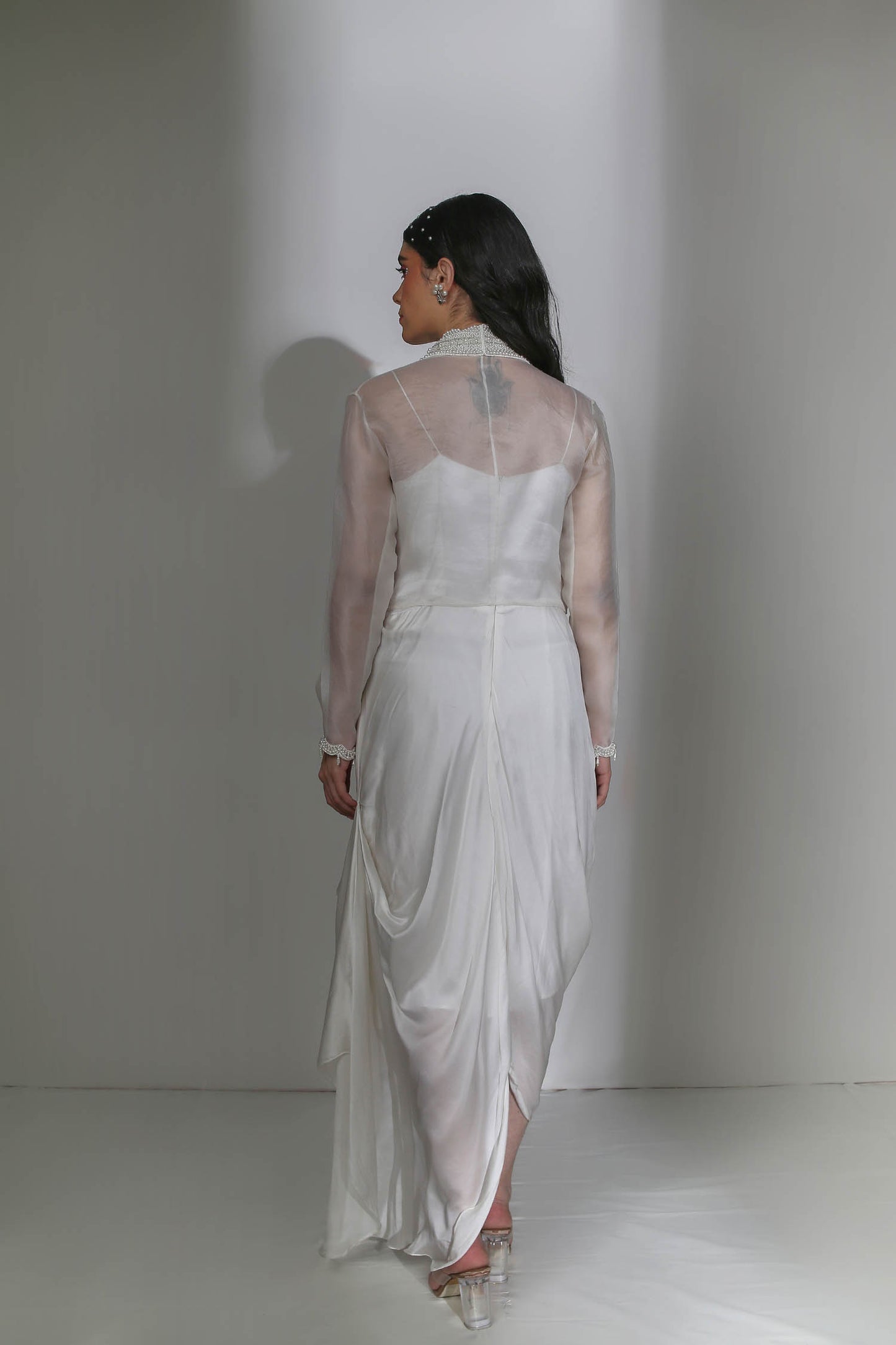 Aster - Ivory Draped Cowl Dress & Cropped Organza Jacket With Pearl Hand-Embroidery on the Collar