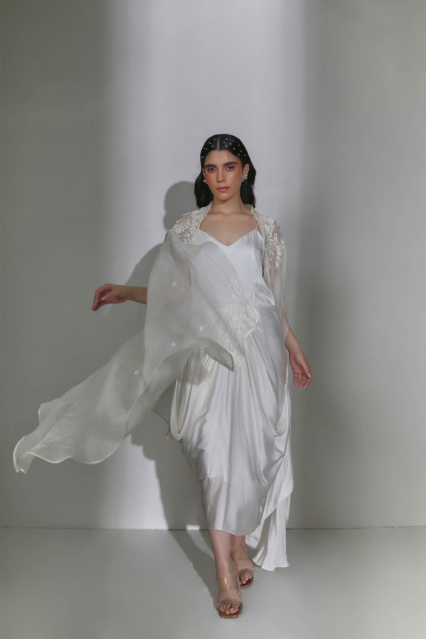 Zinia - Ivory Draped Cowl Dress and Organza Cape With Pearl Hand-Embroidery