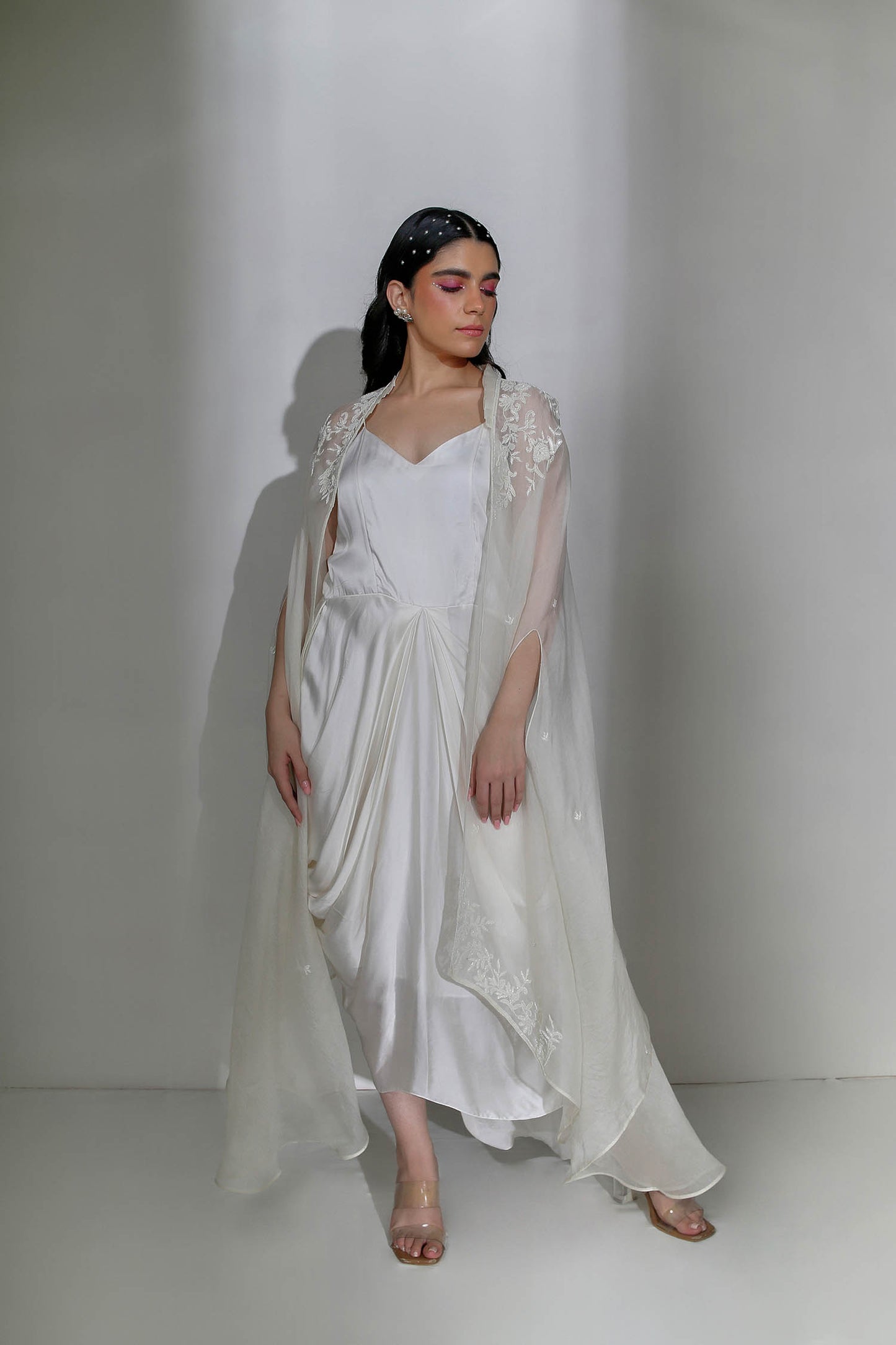 Zinia - Ivory Draped Cowl Dress and Organza Cape With Pearl Hand-Embroidery