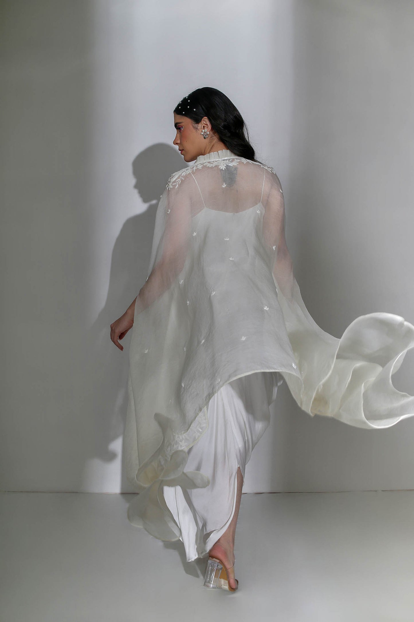 Zinia - Ivory Draped Cowl Dress and Organza Cape With Pearl Hand-Embroidery
