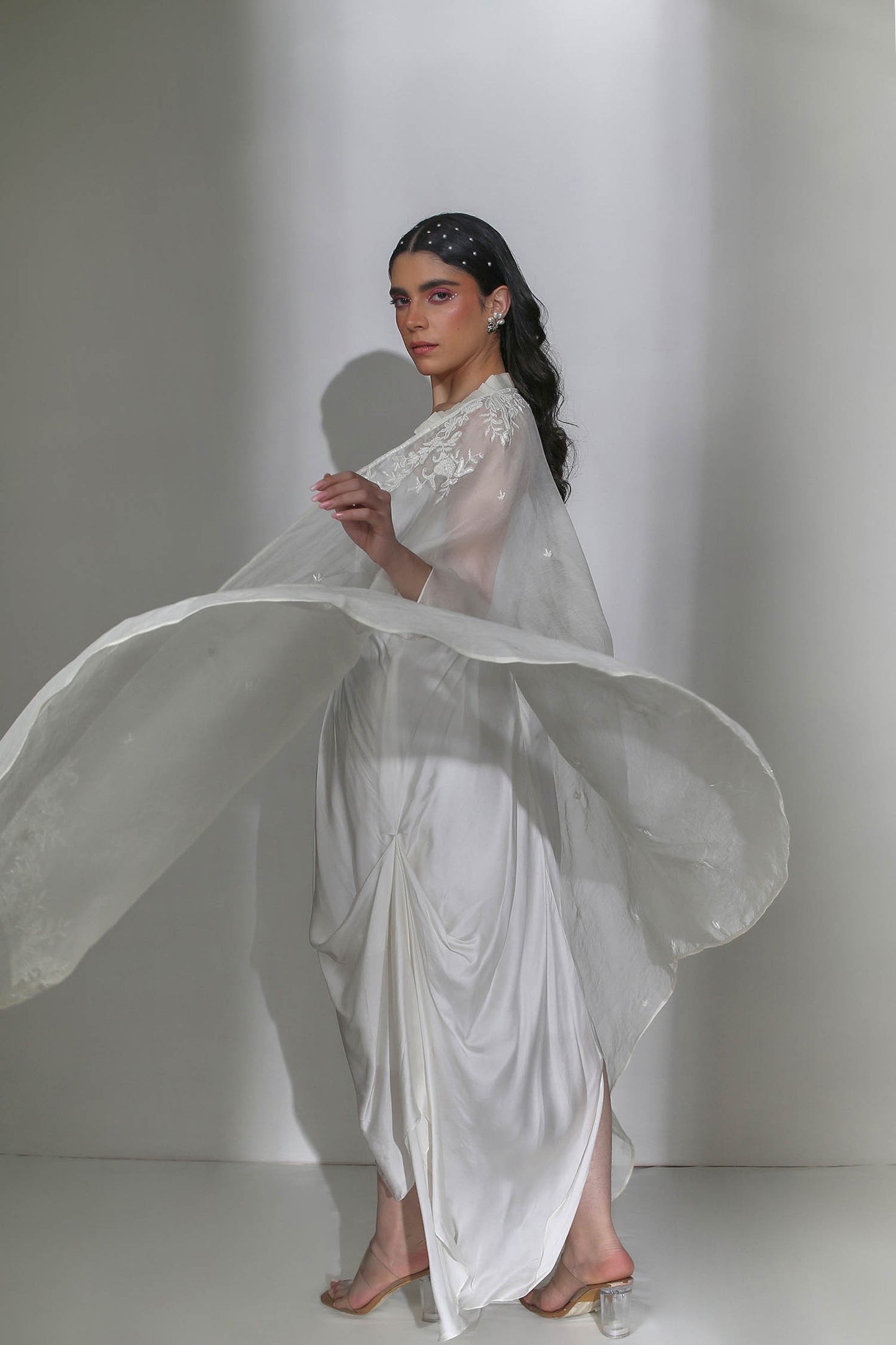 Zinia - Ivory Draped Cowl Dress and Organza Cape With Pearl Hand-Embroidery