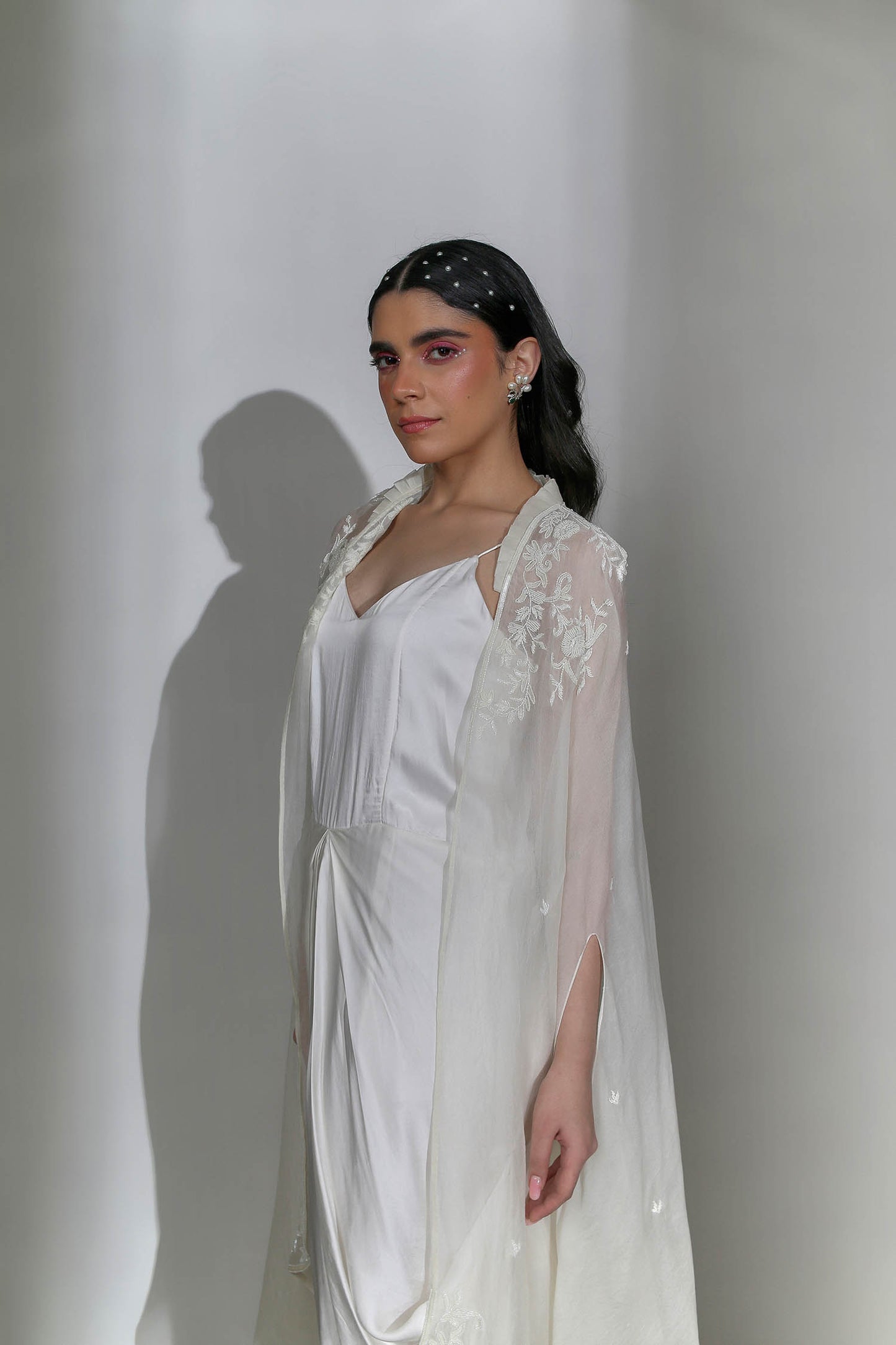Zinia - Ivory Draped Cowl Dress and Organza Cape With Pearl Hand-Embroidery